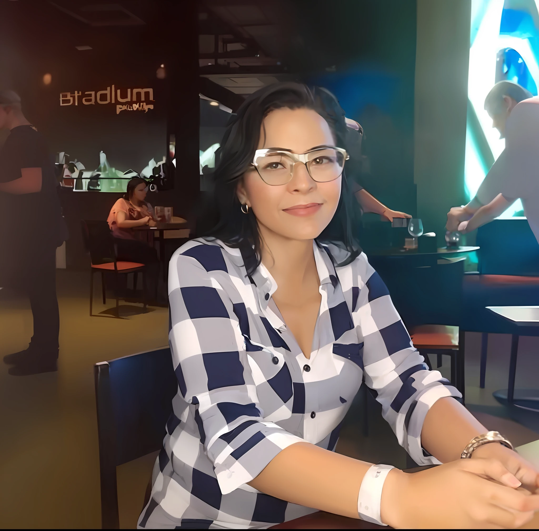 Woman sitting at a table with a glass of wine in front of her, profile picture, profile picture, mid 2 0 female, profile picture, taken in early 2020, plaid shirt.
