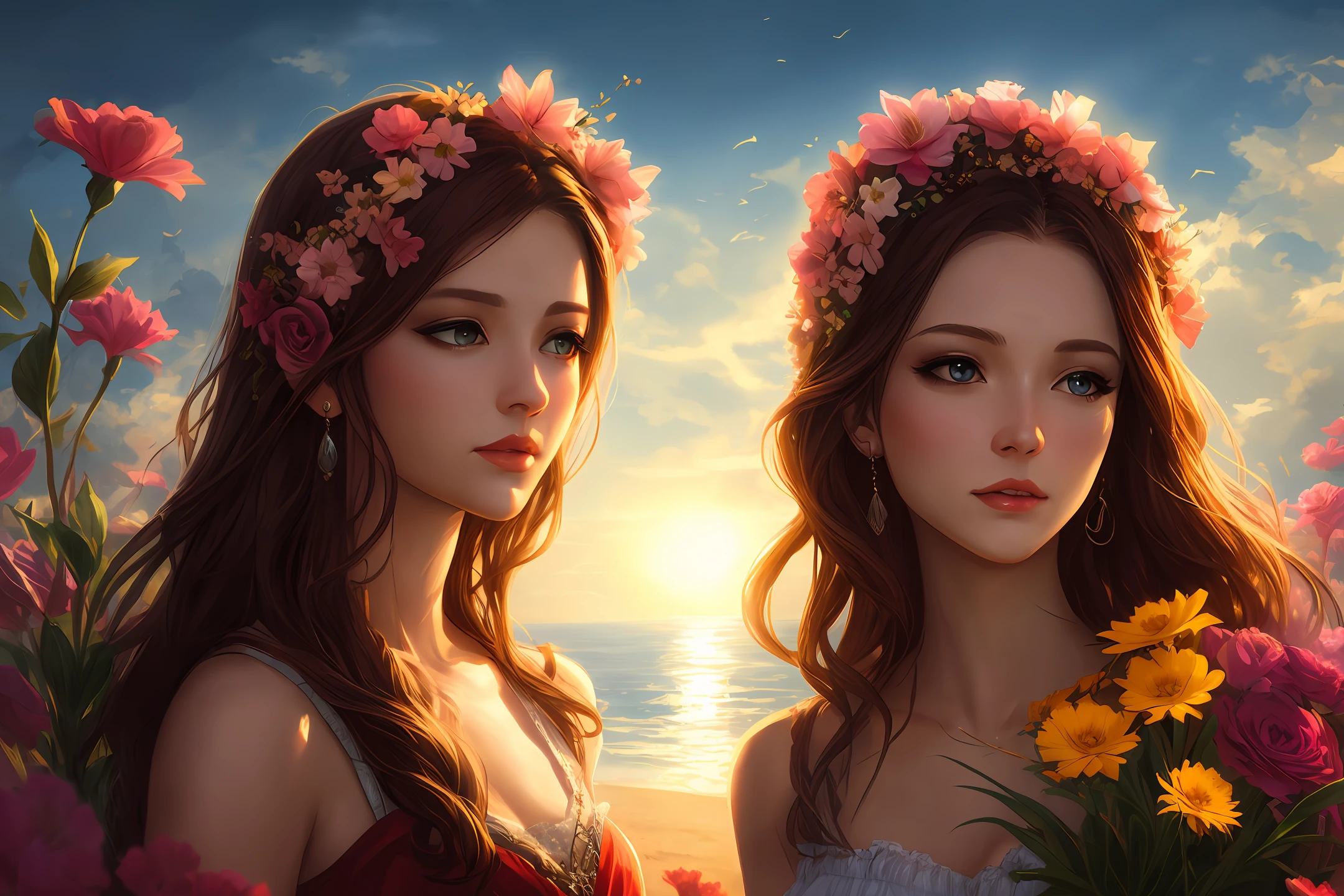 Fantasy art, dynamic lighting, realistic face, calm, elegant, beautiful, temperament, music, seaside, flowers, sunshine