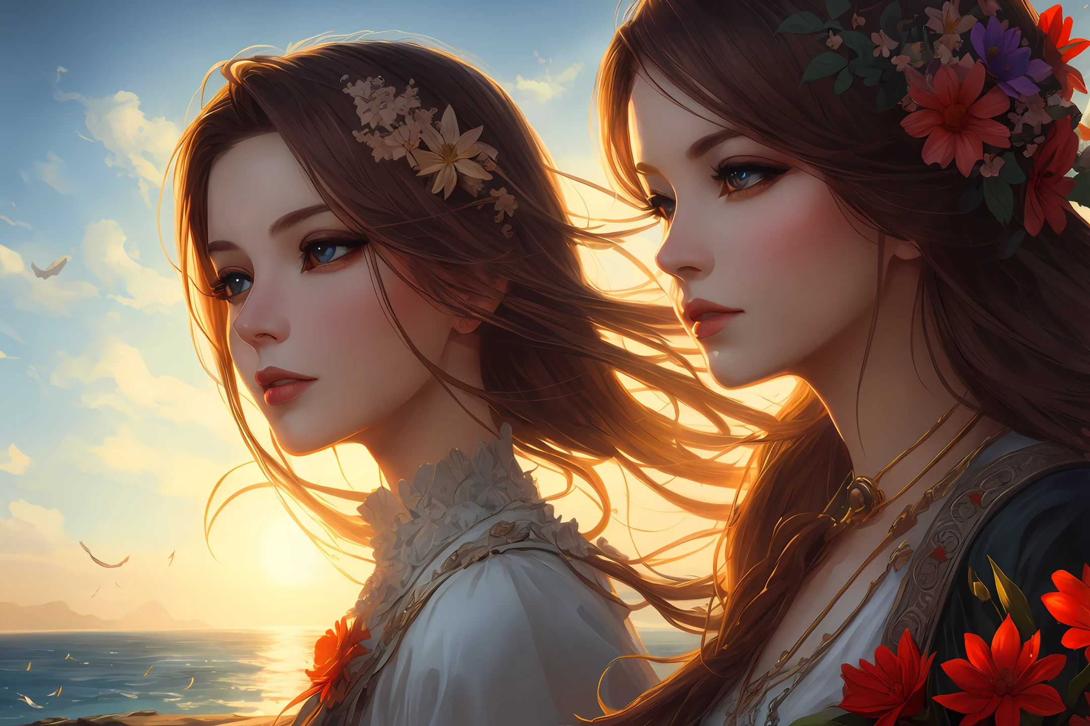 Fantasy art, dynamic lighting, realistic face, calm, elegant, beautiful, temperament, music, seaside, flowers, sunshine
