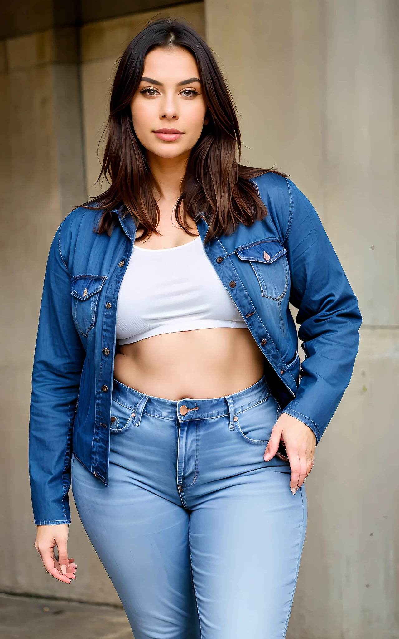 a woman in a white shirt and blue jeans is posing for a picture, plus size woman, plus size, blue jeans, by Nándor Katona, looks like fabiula nascimento, blue jacket, product shot, by Samuel Silva, tight wrinkled cloath, by Judith Gutierrez, by Aya Goda, plus-sized, casual clothing