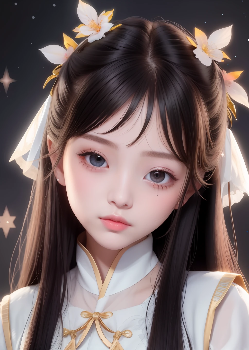 Black long straight, flat bangs, double eyelids, a pair of peach blossom eyes like silk, inky black pupils starry, a tear mole under the corner of the eye, which makes her face towards Loli a little more charming, but not kitsch.