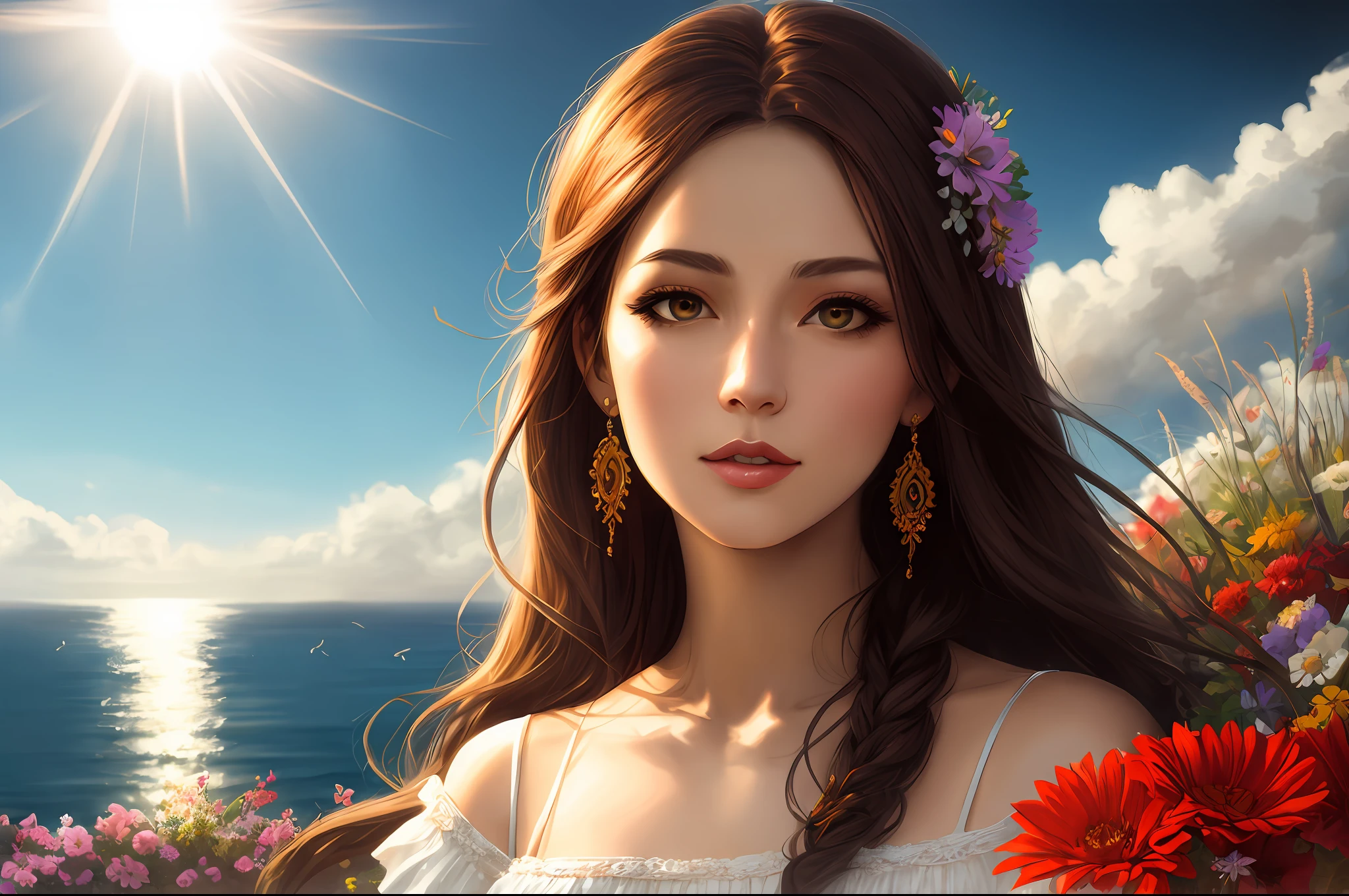Fantasy art, dynamic lighting, realistic face, calm, elegant, beautiful, temperament, music department, seaside, flowers, sunshine, a person