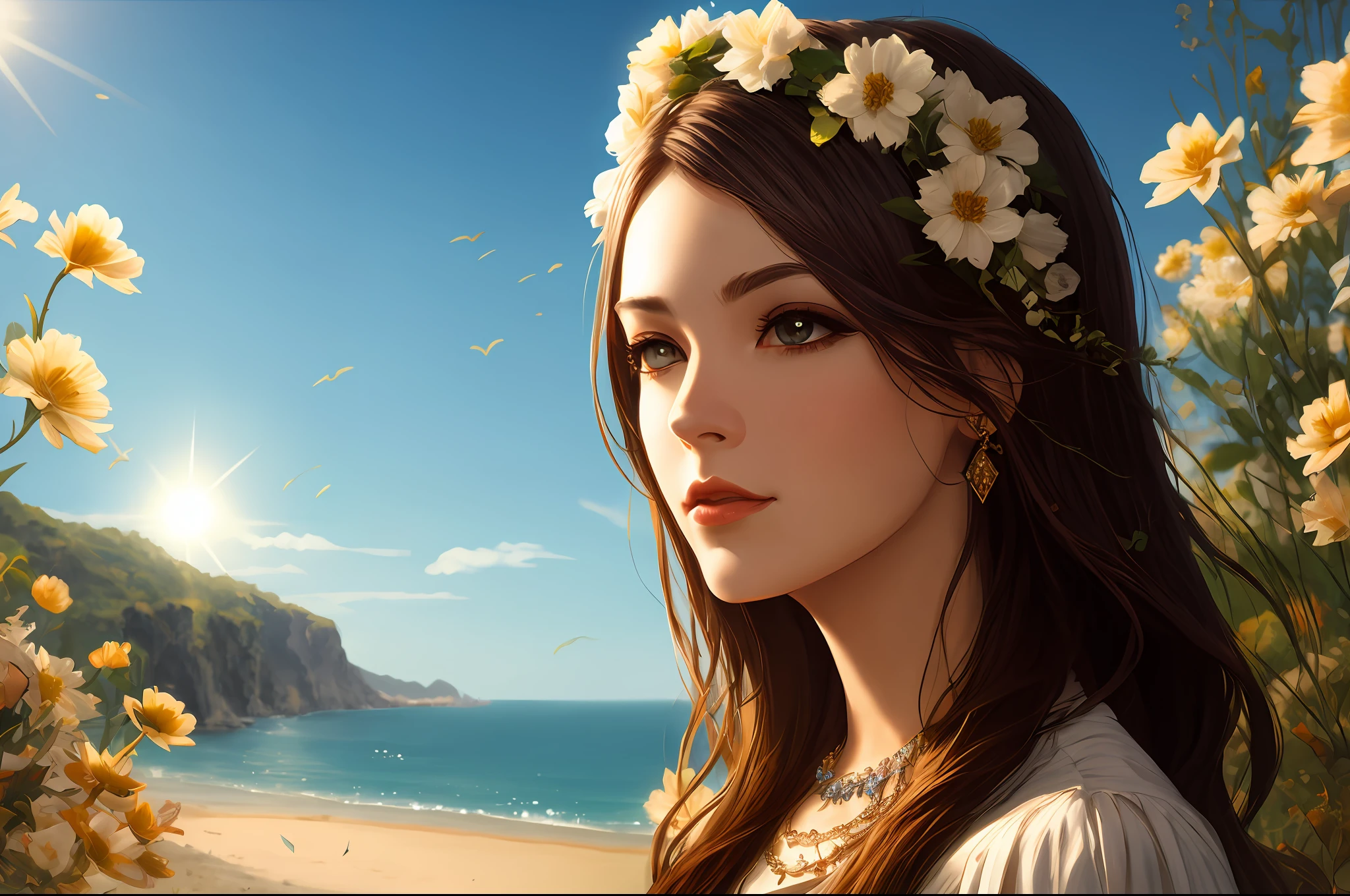Fantasy art, dynamic lighting, realistic face, calm, elegant, beautiful, temperament, music department, seaside, flowers, sunshine, a person