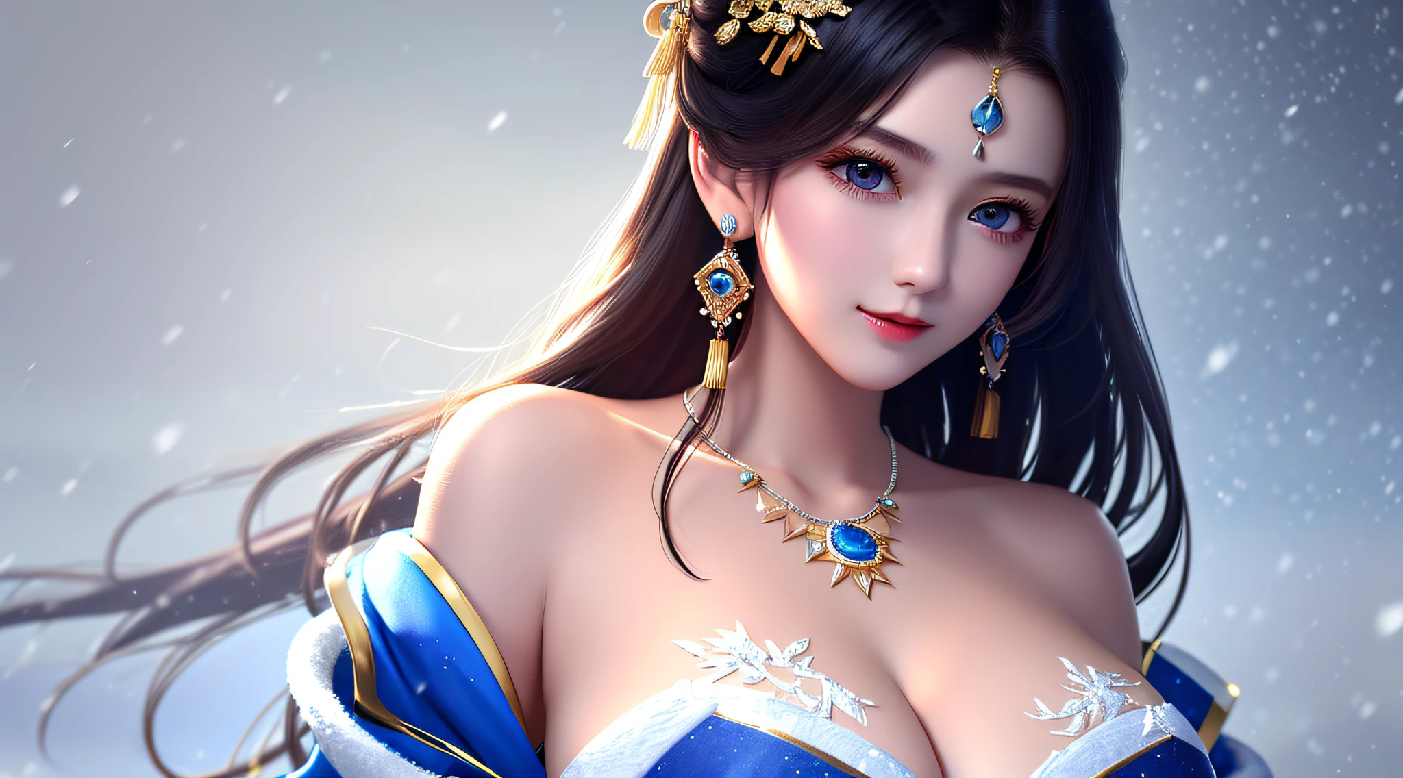 ((Very detailed CG)), ((8k_wallpaper)), (Masterpiece), Best Quality, High Resolution Illustration, Ultra Detail, High Resolution, ((Overexposure)),
bare shoulders, (upper body), head tilt, ceza, seductive smile,
1girl, long hair, beautiful_face, highly detailed and beautiful eyes, (extremely delicate and beautiful), (beautiful and detailed facial depiction), mature female
Chinese antique clothing, white and blue robes, earrings, necklaces,
Winter snow, masterpiece, superlative, bikini, exposed breasts, huge chest