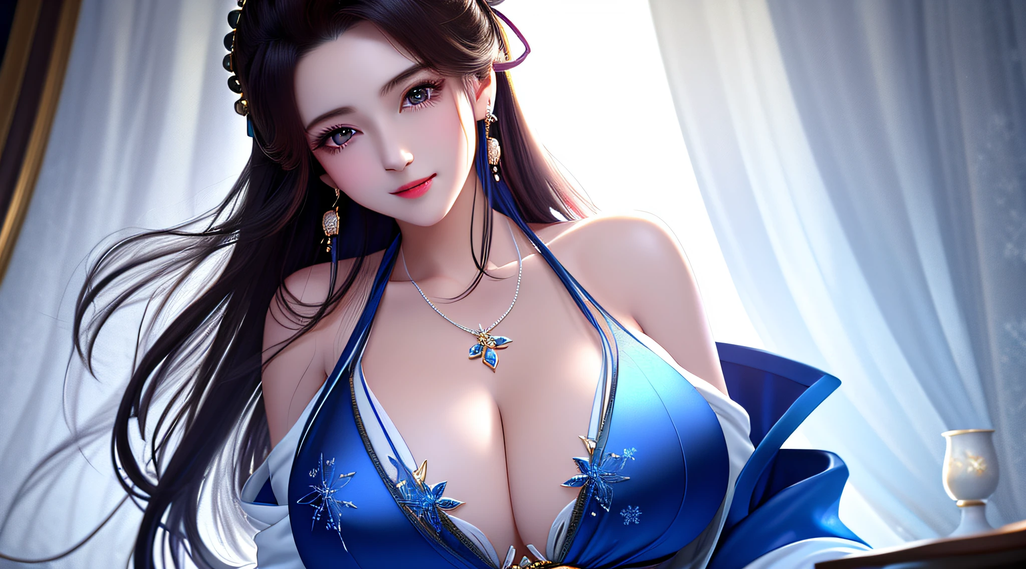 ((Very detailed CG)), ((8k_wallpaper)), (Masterpiece), Best Quality, High Resolution Illustration, Ultra Detail, High Resolution, ((Overexposure)),
bare shoulders, (upper body), head tilt, ceza, seductive smile,
1girl, long hair, beautiful_face, highly detailed and beautiful eyes, (extremely delicate and beautiful), (beautiful and detailed facial depiction), mature female
Chinese antique clothing, white and blue robes, earrings, necklaces,
Winter snow, masterpiece, superlative, bikini, exposed breasts, huge chest