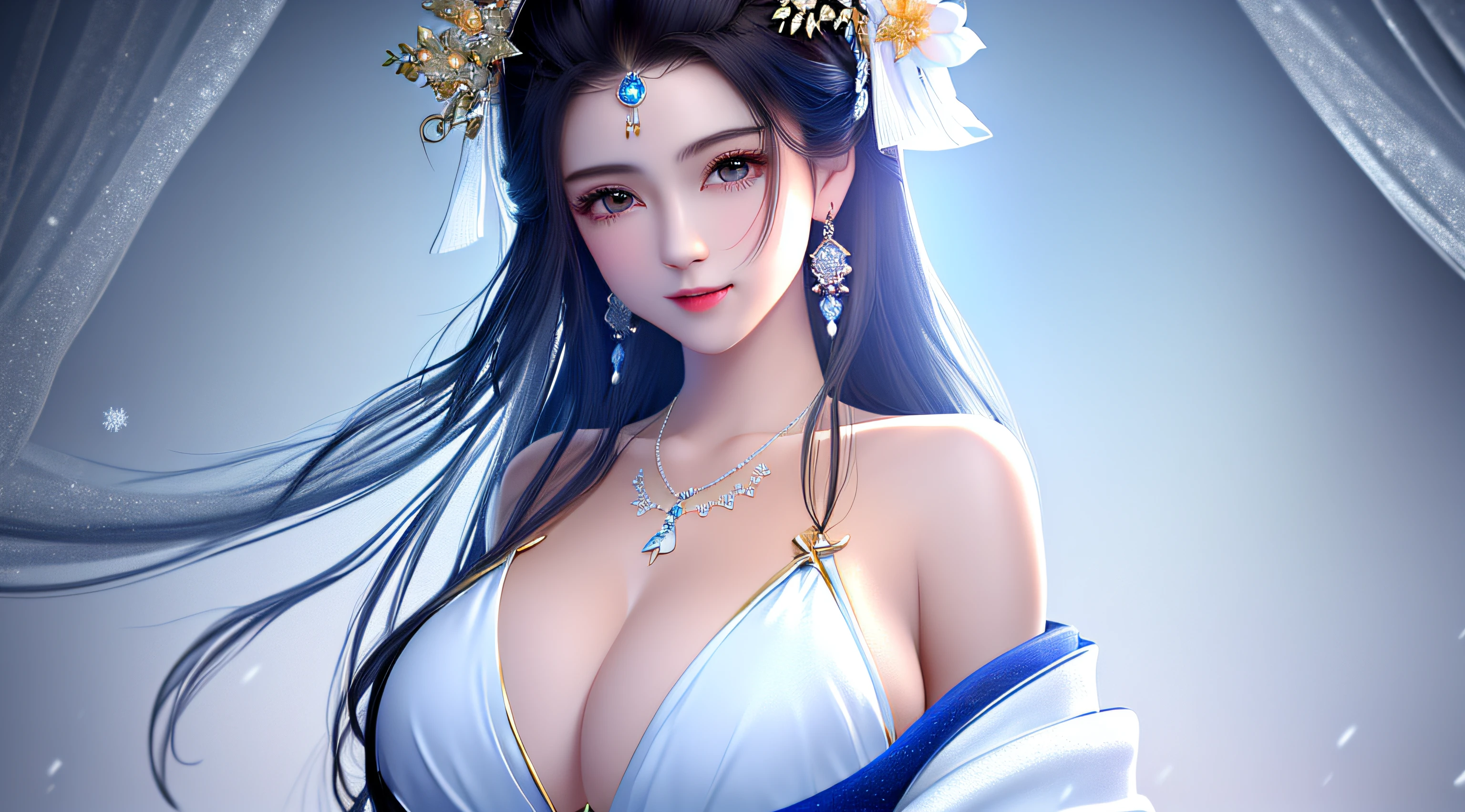 ((Very detailed CG)), ((8k_wallpaper)), (Masterpiece), Best Quality, High Resolution Illustration, Ultra Detail, High Resolution, ((Overexposure)),
bare shoulders, (upper body), head tilt, ceza, seductive smile,
1girl, long hair, beautiful_face, highly detailed and beautiful eyes, (extremely delicate and beautiful), (beautiful and detailed facial depiction), mature female
Chinese antique clothing, white and blue robes, earrings, necklaces,
Winter snow, masterpiece, superlative, bikini, exposed breasts, huge chest