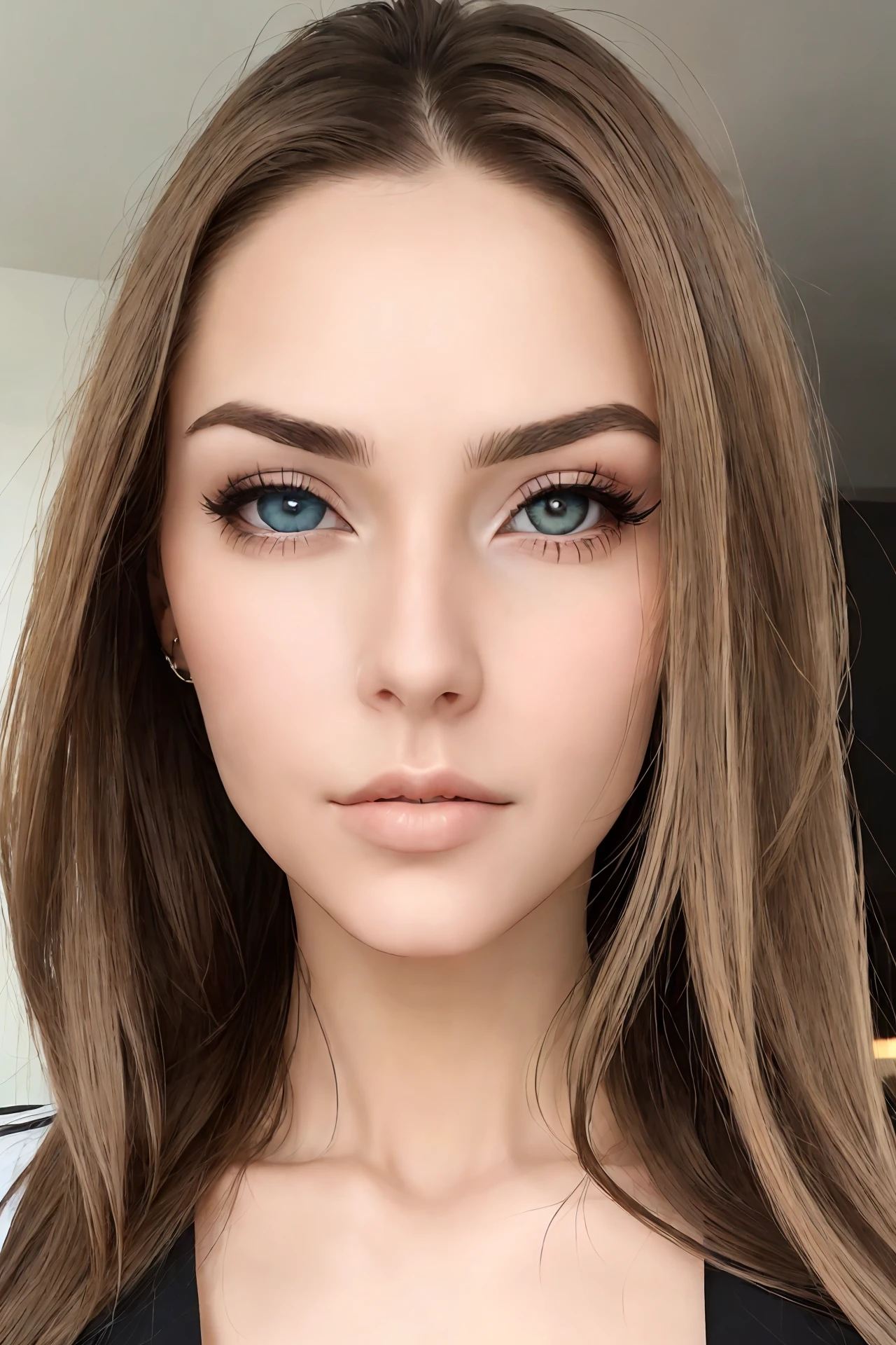Please create an image of a woman similar to the instagram profile @sxmariesouzza, brownish blonde hair, blue eyes, with a very sexy feature, large eyes and fleshy mouth with ultra realistic appearance