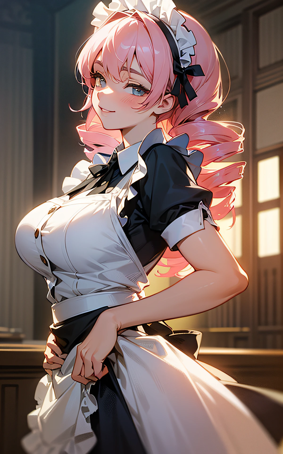 (Original Character、Unity 16K Wallpaper, Masterpiece, Best Quality, Ultra-Detailed, Extremely Detailed CG, Caustics, Cinematic Lighting, Detailed, Beautiful Detailed Eyes, solo,sexy women), Ultra High Resolution, fine skin, (maid, maid apron, maid headdress,black maid skirt), (strong light)、oily skin,curby:1.2,Huge gigantic breasts:1.2,sity、(cowboy shot、above chest,portrait),light pink hair,smile,drill hair,lift up skirt,skirt lift,from side