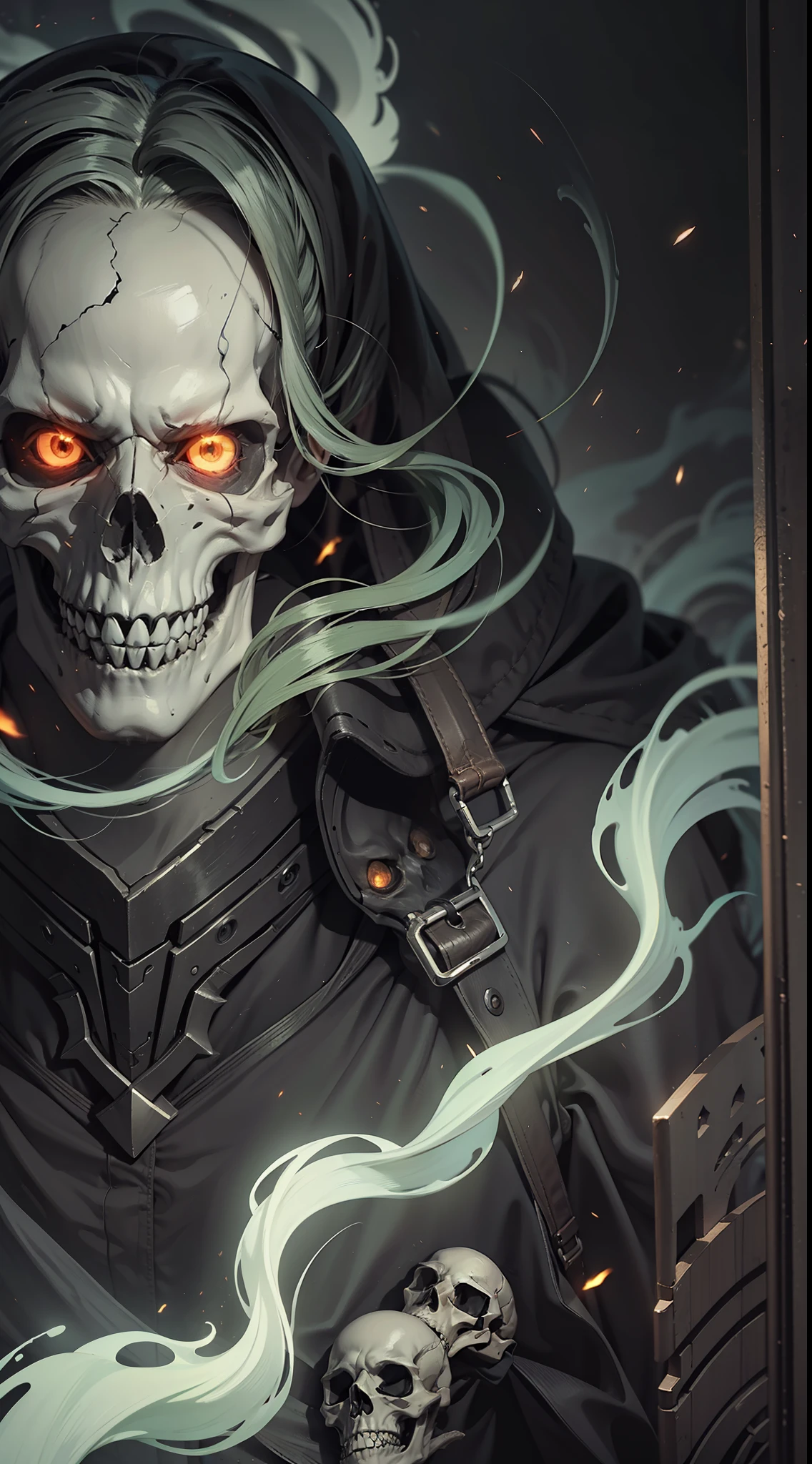 (very detailed wallpaper 8k), man, mid-shot terrifying necromancer, skull, burning eyes, ominous shadows, green smoke, intricate, high detail, dramatic