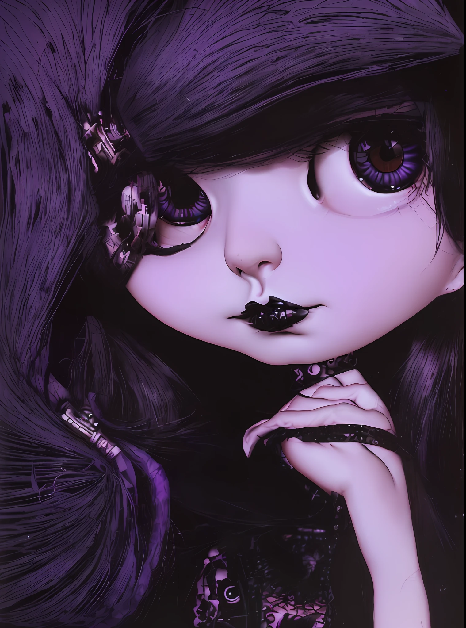 A closeup of a doll with black hair and purple violet lilac eyes, black hair and big eyes, ( ( ( ( deep black eyes ), goth girl, true goth, goth!, dark gothic queen with blue eyes, grumpy black eyes, piercing dark eyes, gothic girl face, bright lilac eyes, big violet eyes, neo-Gothic, with haunted eyes and dark hair style Zdzislaw Beksinski