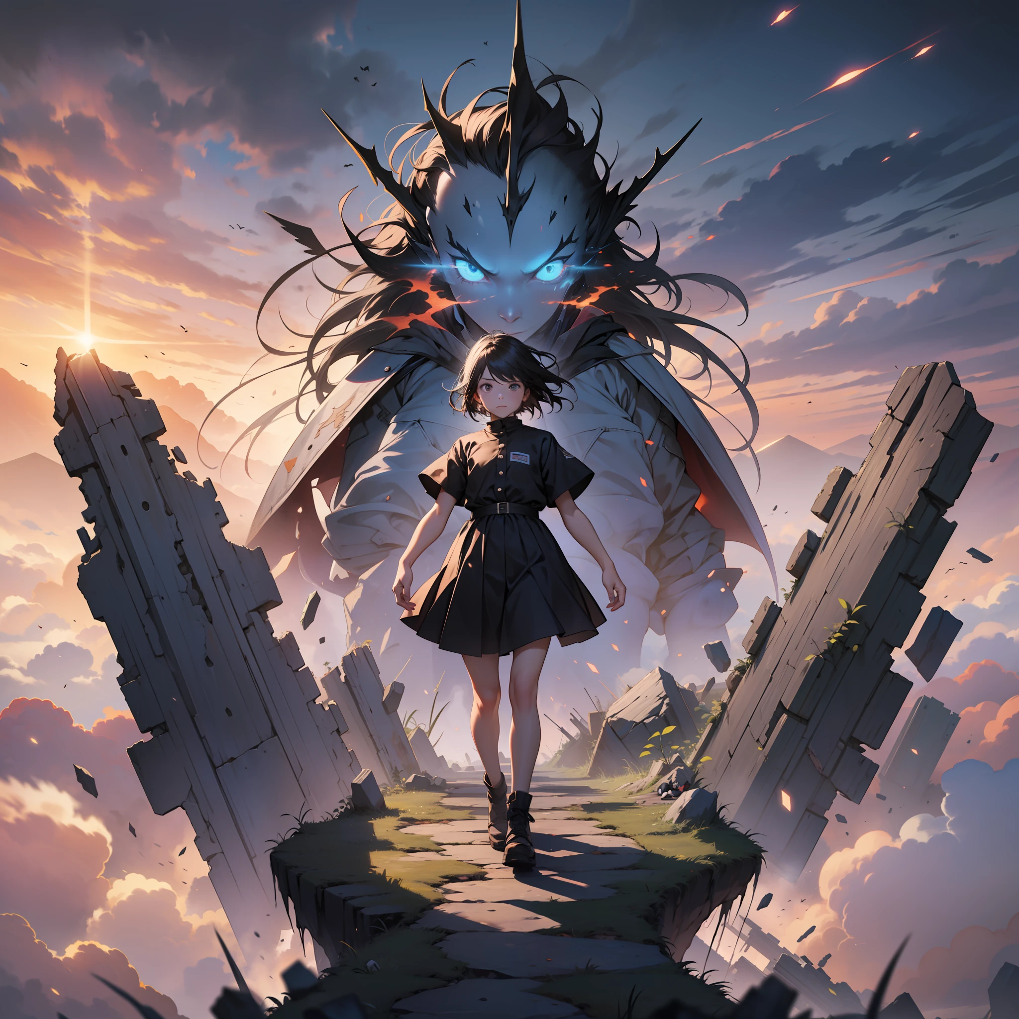 (8k, RAW photos, top quality, masterpiece: 1.2), super detailed, official art, photorealism: 1.37, full body shot, all-destroying doll, child born out of darkness, existence of fear descending from heaven, desolate world, desperate people, end of everything, action pose
