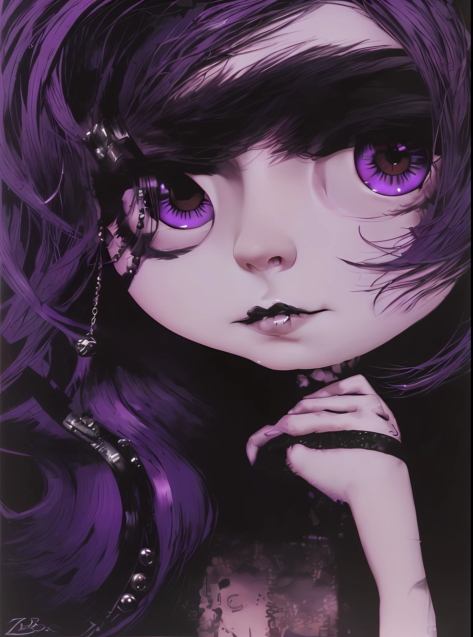 A closeup of a doll with black hair and purple violet lilac eyes, black hair and big eyes, ( ( ( ( deep black eyes ), goth girl, true goth, goth!, dark gothic queen with blue eyes, grumpy black eyes, piercing dark eyes, gothic girl face, bright lilac eyes, big violet eyes, neo-Gothic, with haunted eyes and dark hair style Zdzislaw Beksinski