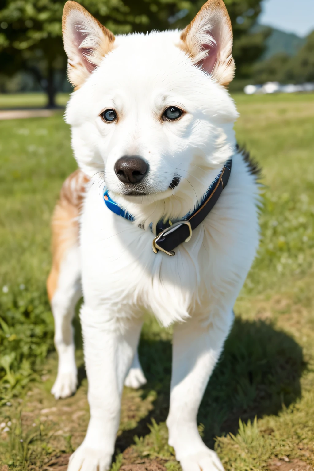 On a sunny, sprawling farm, we see a white-coated Samoyed dog playing excitedly with its owner. The dog is full of energy and joy, running through the soft green grass. His white fur glows under the sun as he jumps up and plays with picking up a stick that the owner throws at him. The owner, in turn, laughs and has a lot of fun with the dog. Both are surrounded by a tranquil landscape, with trees and mountains in the background. The scene conveys a sense of happiness and togetherness between the owner and his loyal and playful Samoyed dog.