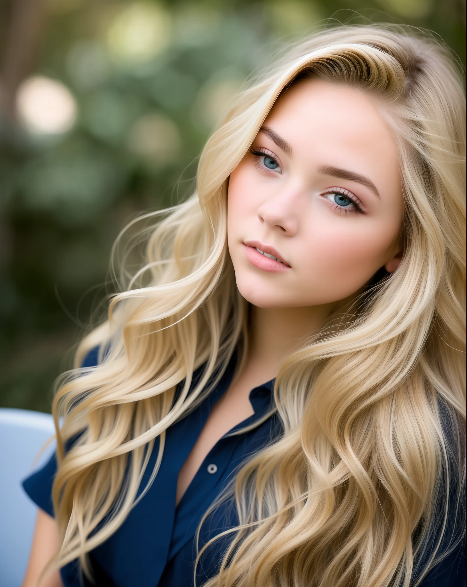a close up of a woman with long hair sitting on a bench, beautiful model girl, beautiful girl model, beautiful blonde girl, beautiful female model, sydney sweeney, a gorgeous blonde, very beautiful young woman, photo of a beautiful woman, beautiful model, attractive girl, a beautiful young woman, long blonde hair and large eyes, long blonde hair and blue eyes