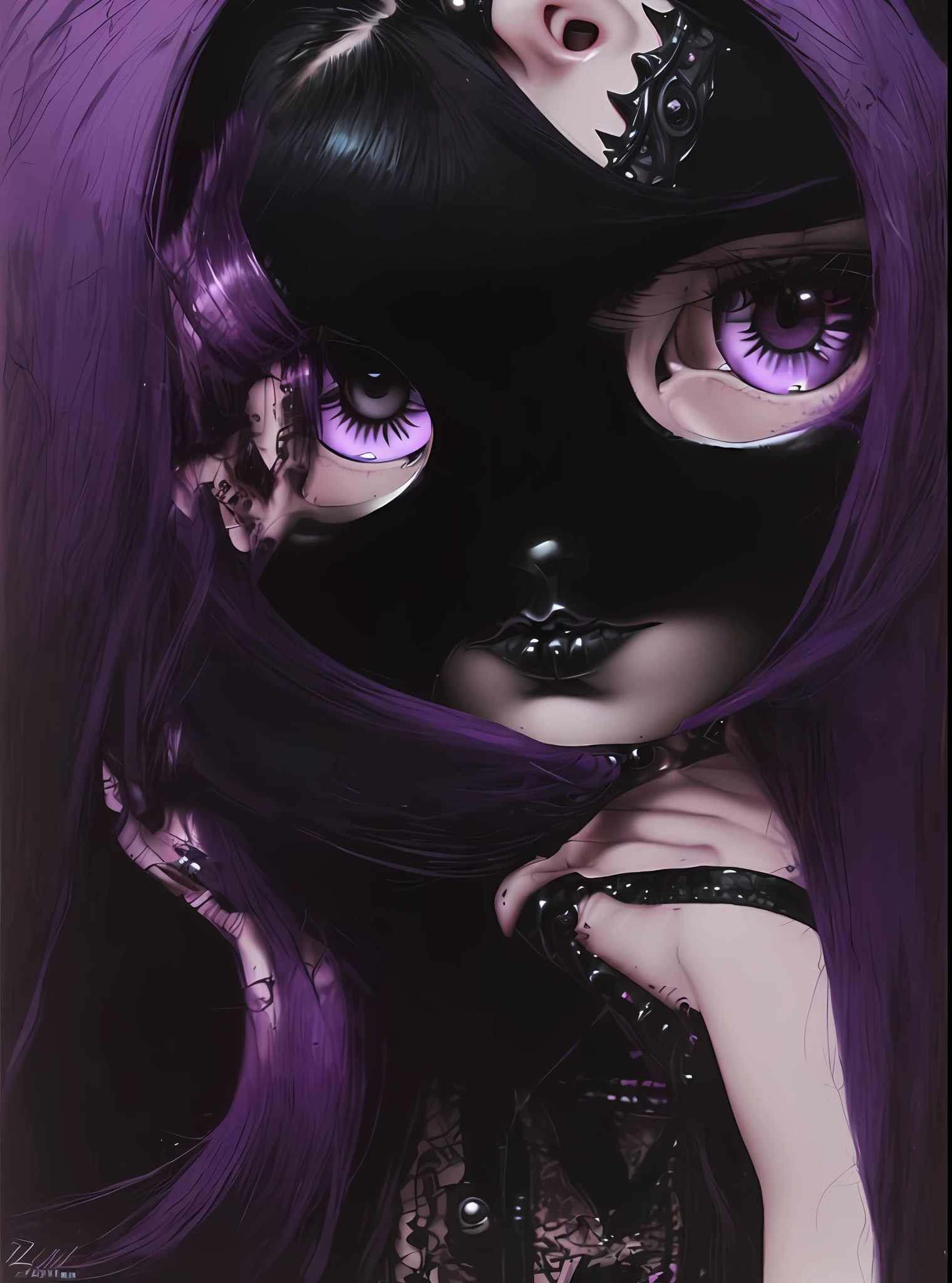 A closeup of a doll with black hair and purple violet lilac eyes, black hair and big eyes, ( ( ( ( deep black eyes ), goth girl, true goth, goth!, dark gothic queen with blue eyes, grumpy black eyes, piercing dark eyes, gothic girl face, bright lilac eyes, big violet eyes, neo-Gothic, with haunted eyes and dark hair style Zdzislaw Beksinski