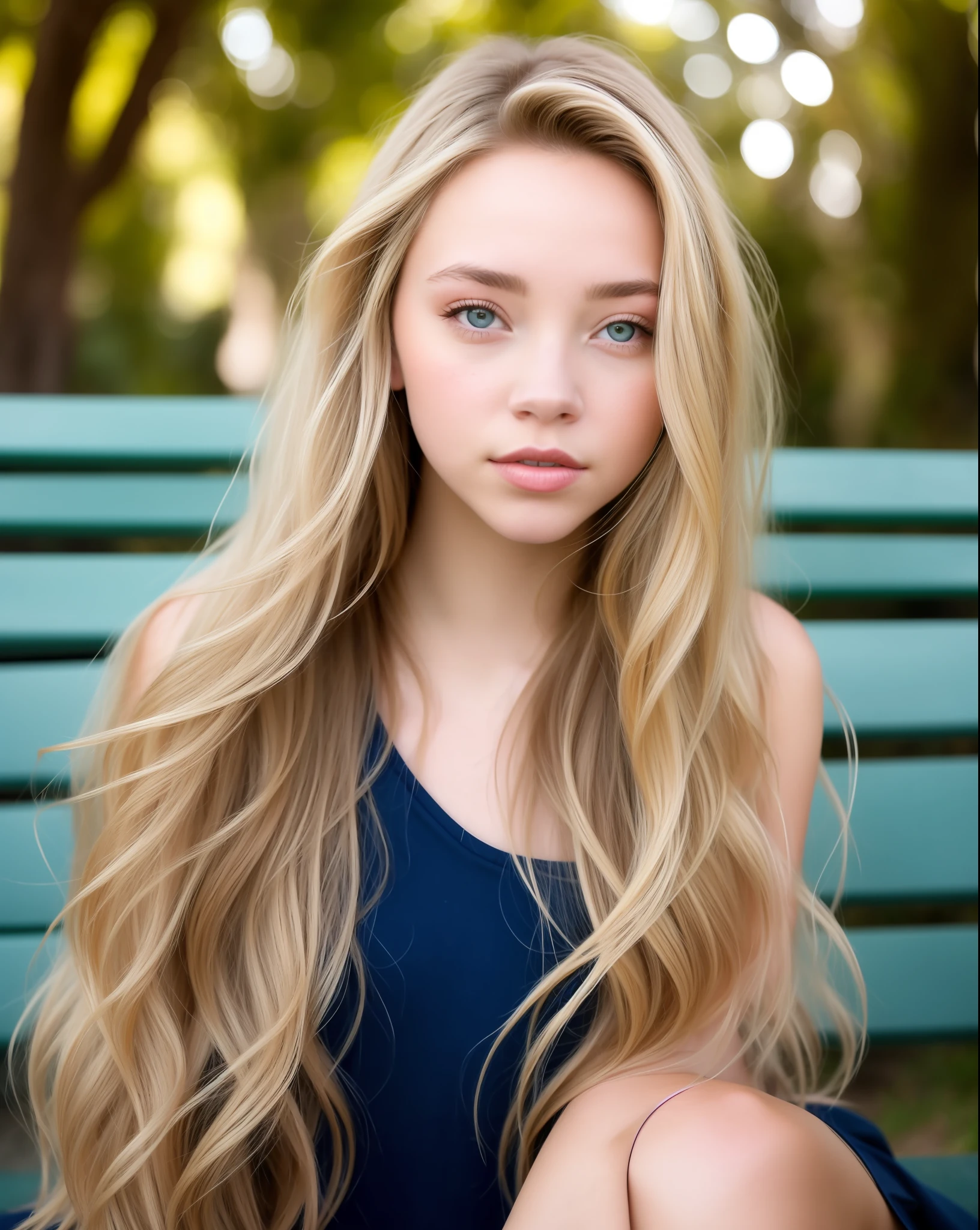 a close up of a woman with long hair sitting on a bench, beautiful model girl, beautiful girl model, beautiful blonde girl, beautiful female model, sydney sweeney, a gorgeous blonde, very beautiful young woman, photo of a beautiful woman, beautiful model, attractive girl, a beautiful young woman, long blonde hair and large eyes, long blonde hair and blue eyes