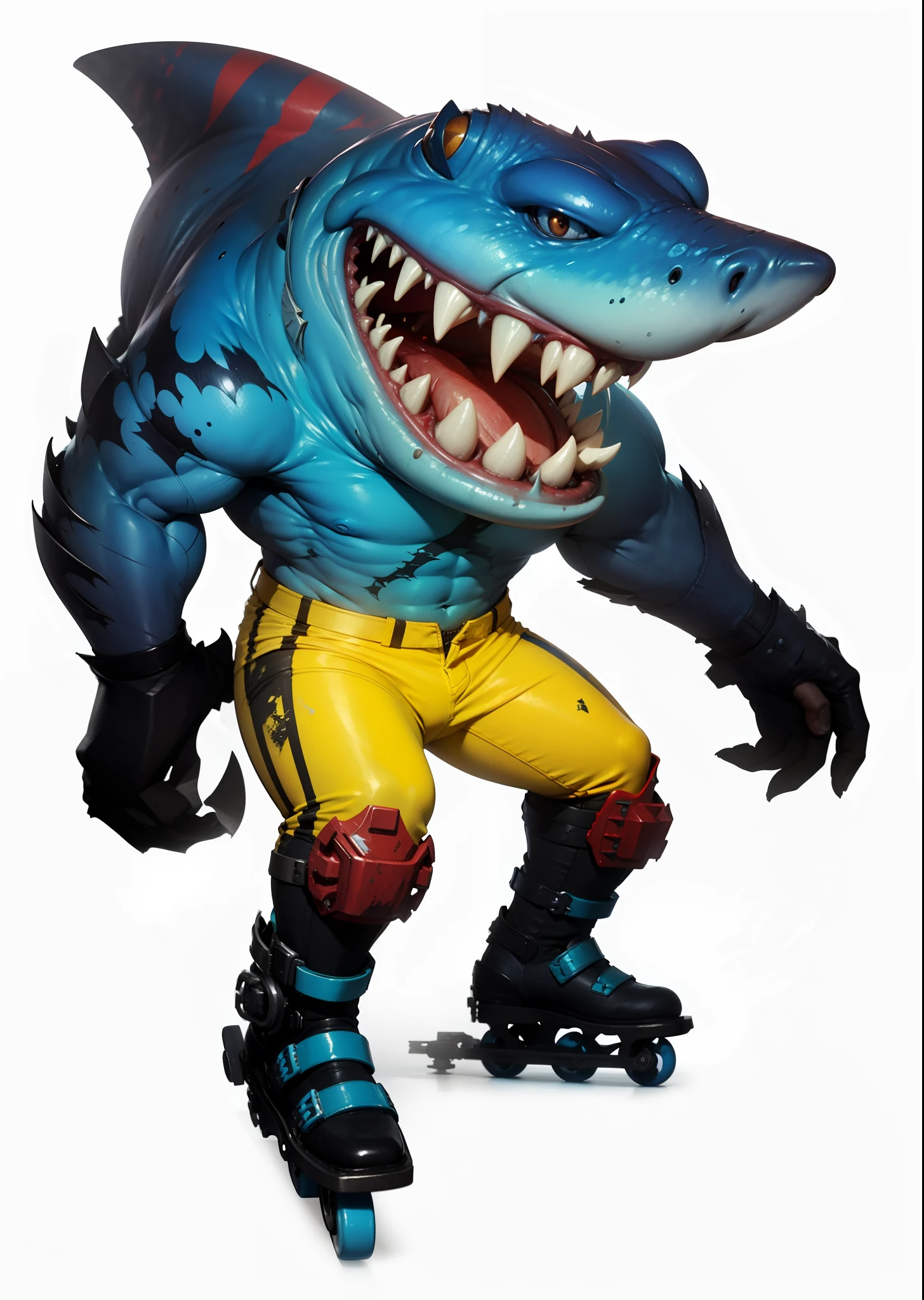 Street sharks, Blue humanoid shark, yellow jeans, jewelry and skates, red spots on the body, sharp teeth, New York street, unreal engine 5, 8k.