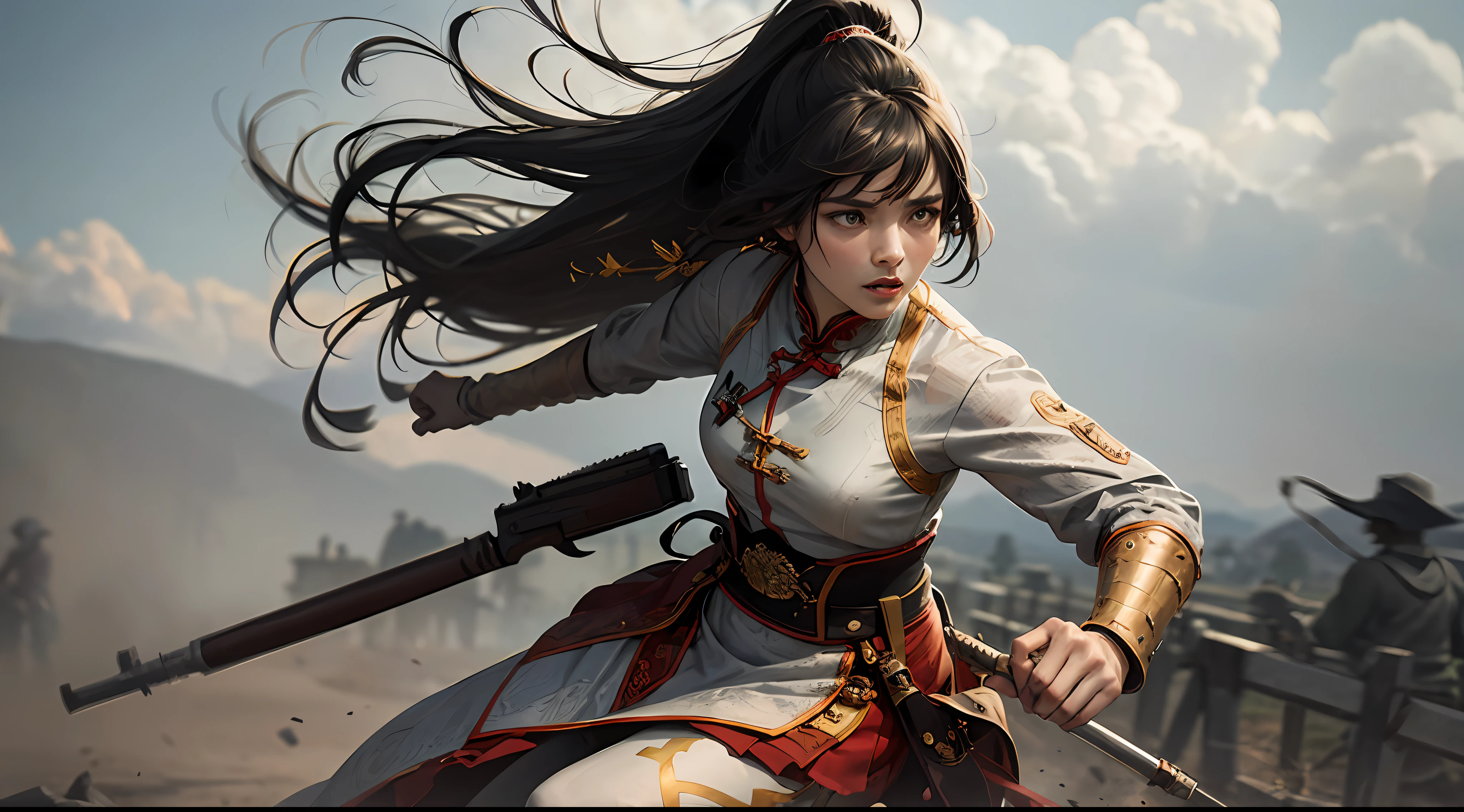 1 woman, delicate face, gray pupils, ancient Chinese battlefield, surrounding enemy fighting action, anger, wind, gunsmoke, motion blur, panorama, looking at the audience, masterpiece, best quality, 32k