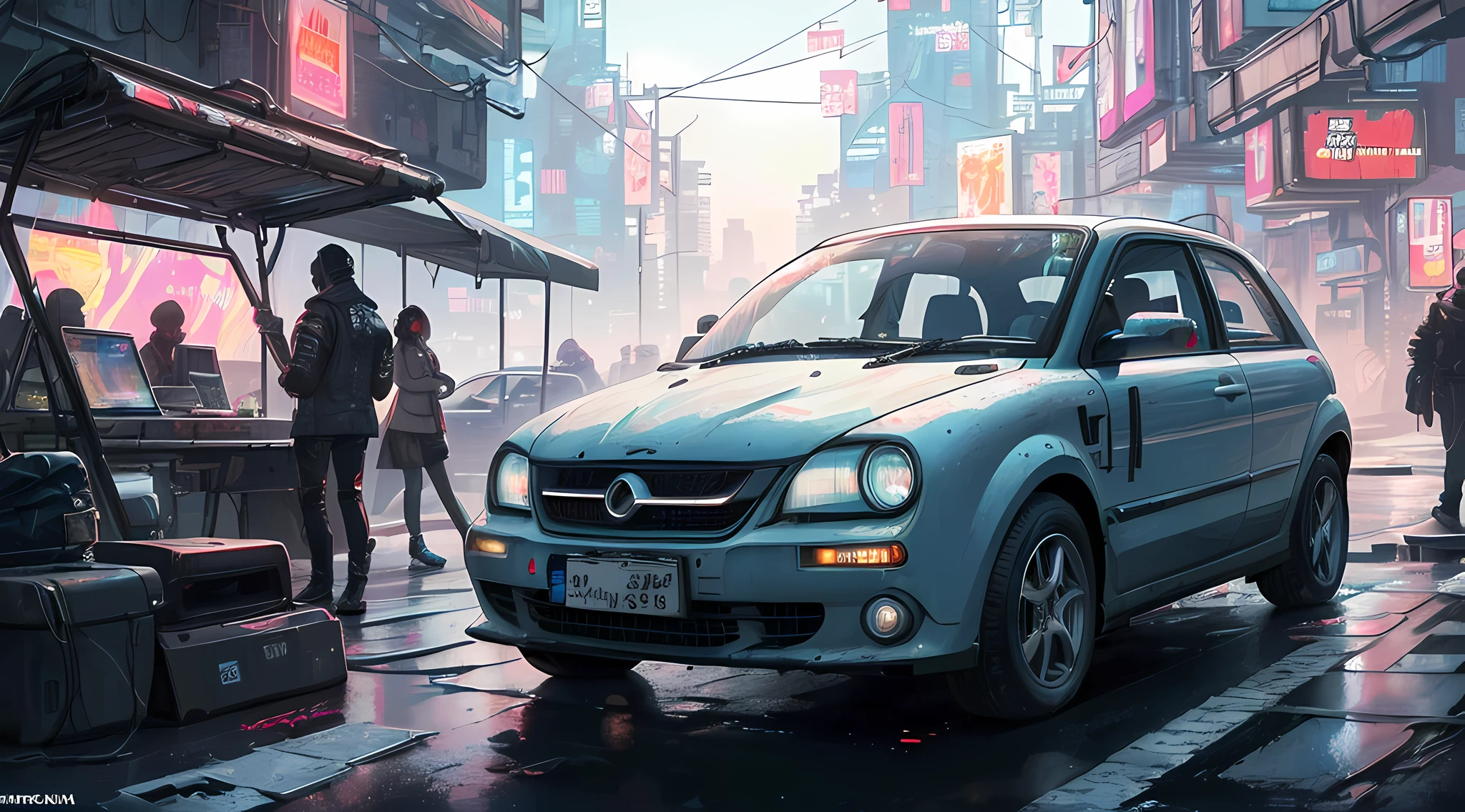 (at late night:1.3), , (detailed beautiful skin textures, detailed beautiful face, ultra detailed clothing textures), , (Cyberpunk:1.4), , (an ultra detailed (cyberpunk custumed:1.5) and white body colored and blue stripes 1960s micro car with (loads on roof racks:1.3) and (large solar panels on on the boot and bonnet:1.3) and letter-tyres:1.3 and monn disk), , (3/4 front view, The car is in the center of the frame), , (at parking area, at ultra detailed Night City of Cyberpunk), (All cars are cyberpunk cars:1.2), , (softlighting), , (masterpiece, best quality:1.4, 8k, ultra detailed, illustration, distinct_image, intricate_details, delicate illustration), (realistic:0.15),