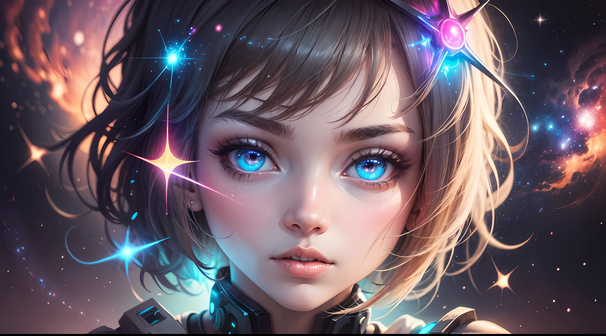 girl,radioactive glow,abstract art,character focus,eyes with reflection,starry sky,galaxies