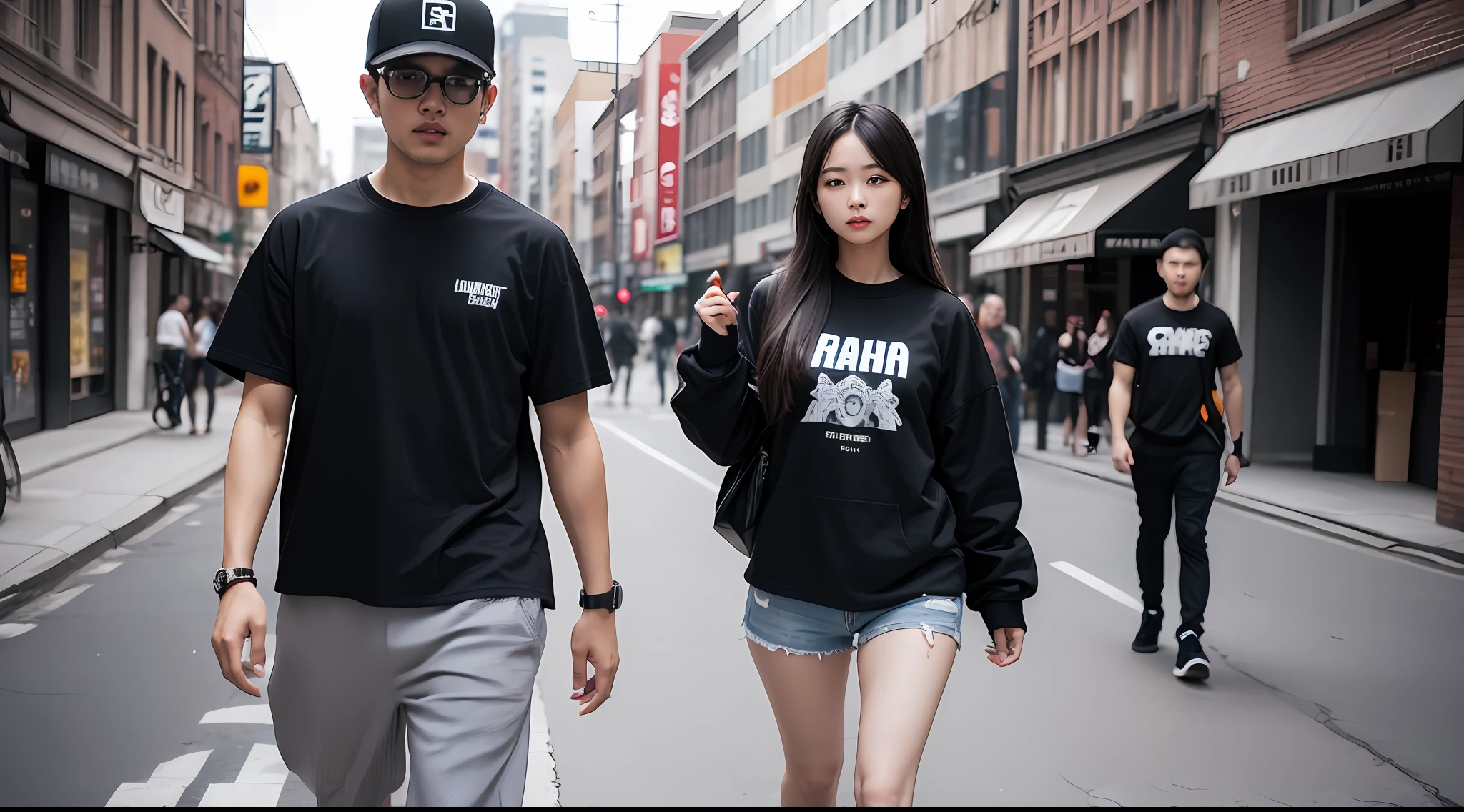 Two shirts with black and white design, white and black clothing, R/Trends in streetwear, realistic costumes, contrasty, Soundstage, American street style, Sexy babes style, a Chinese man and woman, Chinese people, two man, Couple outfits, high detail, modern, Verism, cinematic lighting, anaglyph, UHD, textured skin, super detail, highres, best quality --auto