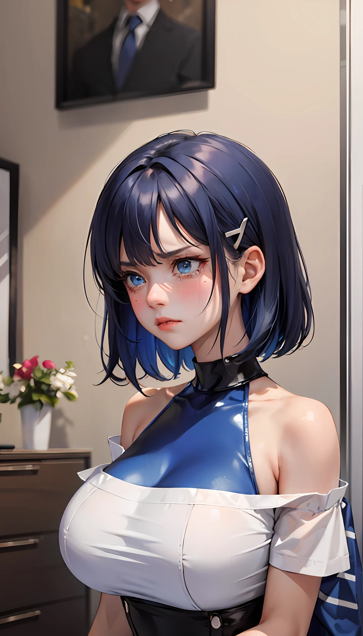 Short dark blue hair (masterpiece, : 1.2, best quality), (1 woman, solo, upper body: 1.2) short dark blue hair, clothing: short sleeves, short blue shoulder-length hair Accessories: hairpin, natural, glowing skin, behavior: blushing, crying, angry frown Location: living room, blue eyes, very huge breasts, short blue shoulder-length hair