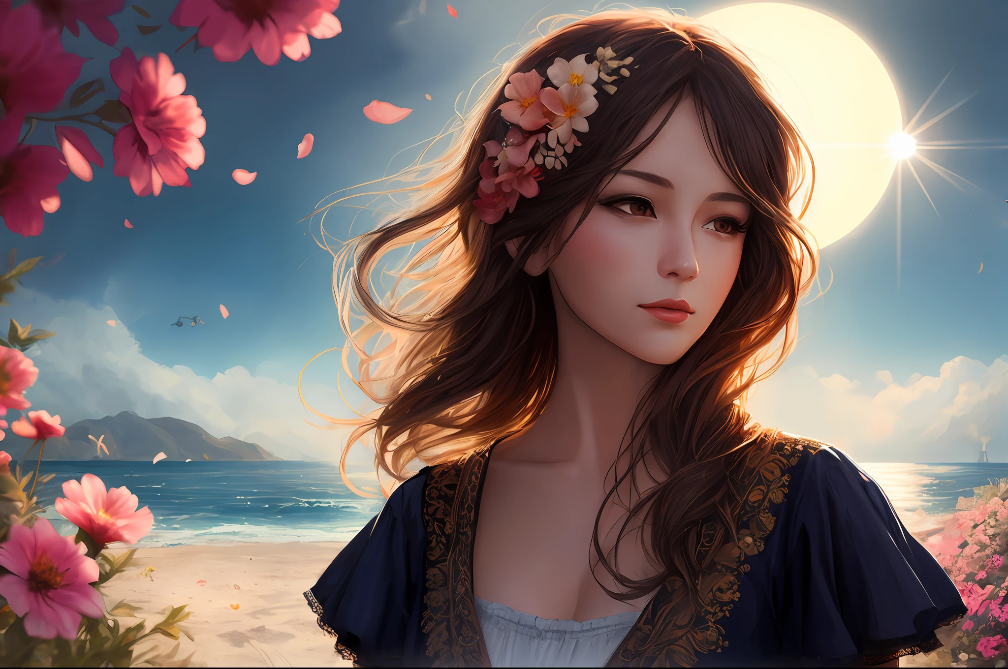 Fantasy art, dynamic lighting, realistic face, calm, elegant, beautiful, temperament, music, seaside, flowers, sunshine, a person, upper body, straight