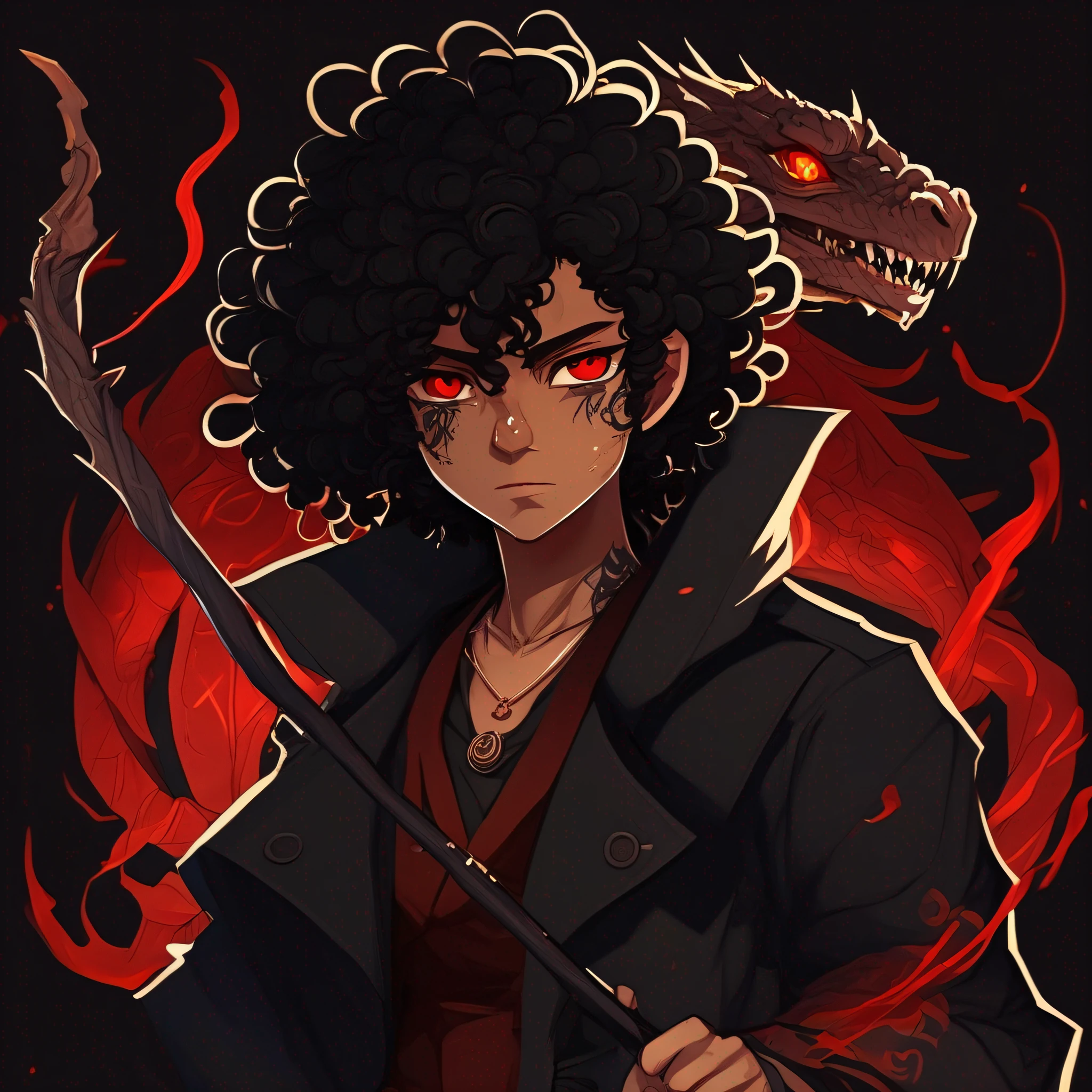 Anime character, black curly hair, pulled eye, brown skin, dragon tattoos on arms, scar on left eye, red eyes, magic staff on left hand, black overcoat, full body, animation, 2D art, digital ART, anime style, high quality