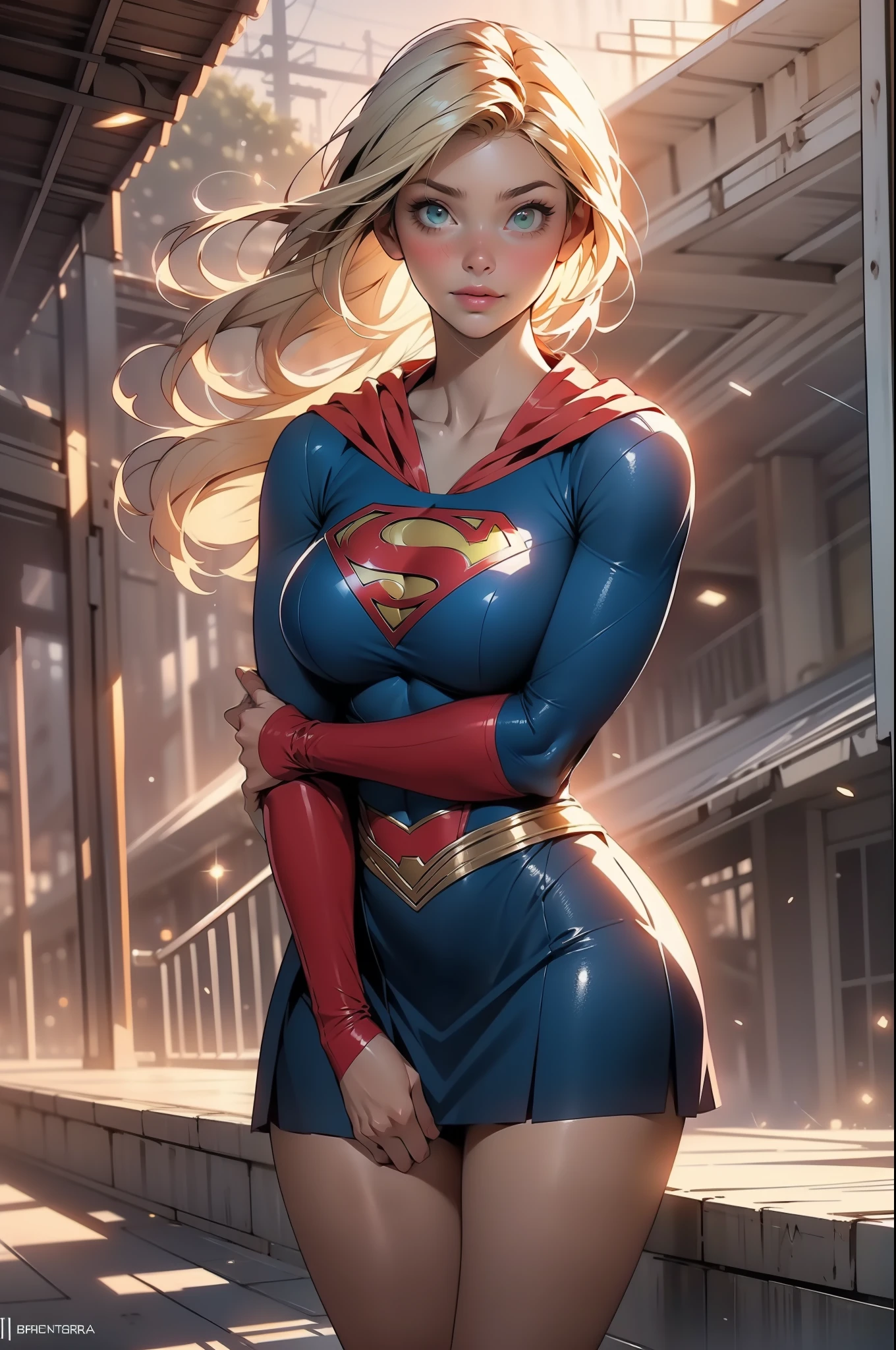 nsfw: 1.5, masterpiece, best quality, high quality, high definition, high quality textures, high quality shadows, high definition, beautiful detail, highly detailed CG, detailed textures, realistic representation of faces, realistic, colorful, delicate , cinematic lights, side lights, lens flares, ray tracing, sharp focus, supergirl, ((best quality, masterpiece, absurd, 8k)), 1 girl, solo, 21 years old,Supergirl(Helen Slater), huge breasts, huge breasts,bra,long hair down to her hips, long hair,low hair, voluminous hair, white skin tone, green eyes, sparkling expressive eyes, huge breasts, she is supergirl, Supergirl cosplay , japanese sailor school uniform female cosplay Supergirl, costume female school,stocking 7/8 ,superman suit, blushing, embarrassed expression, shy smile, building terrace, daytime, pretty, young woman, hands behind) (1girl, __focus__:1.3), (intricate details, makeup , PureErosFace_V1:0.5), (delicate beautiful face with details, Delicate eyes beautiful in details, perfect face proportions, dense skin, ideal proportion of four fingers and one thumb, arms under the chest, huge breasts, miniskirt,upskirt,wide hips, flat upper abdomen , thin, dressed, blonde: 1.3), bed, no hands