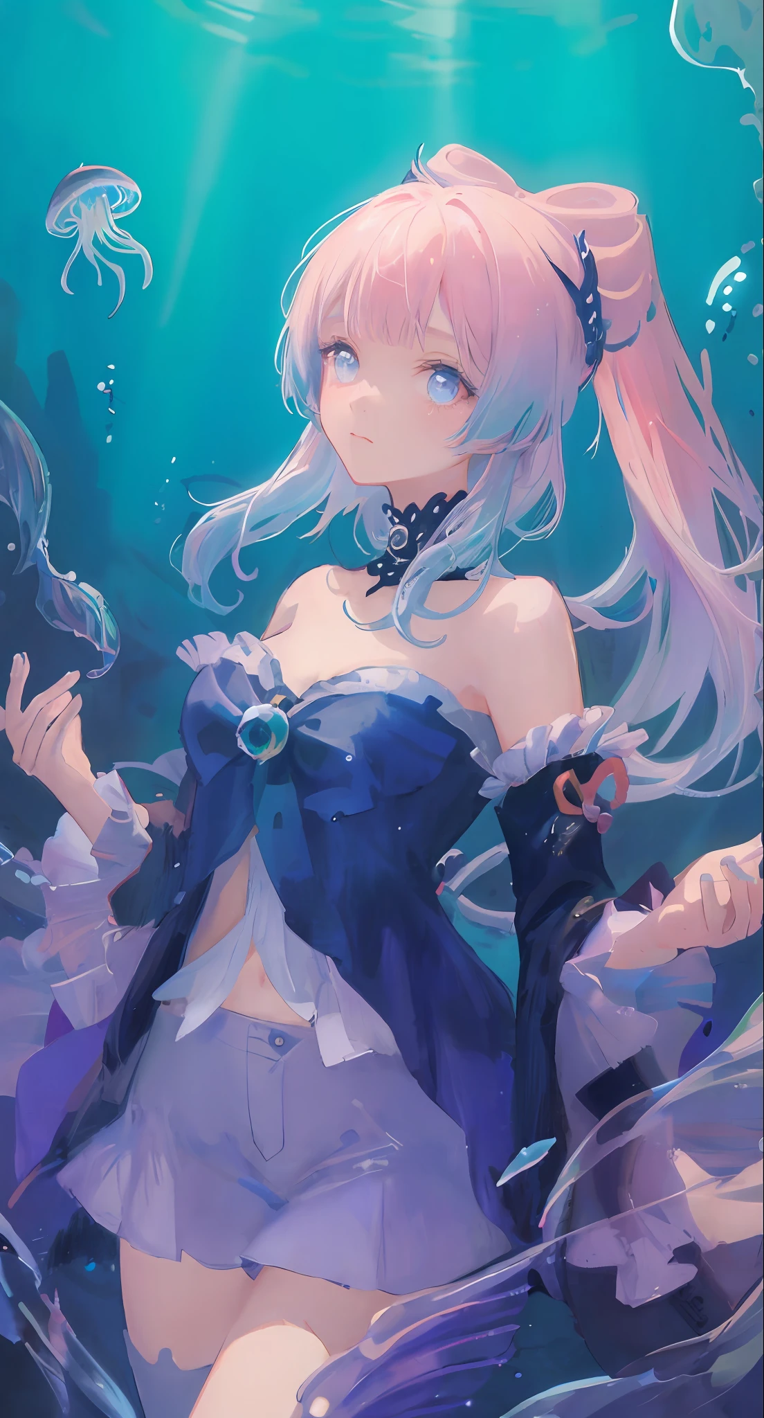 ((masterpiece, best quality)), (negative space: 1.2), (1girl, solo: 1.4), beautiful and detailed eyes, flowing hair, underwater, bubbles, fish, (jellyfish), fluorescent, turtles, seaweed, official art