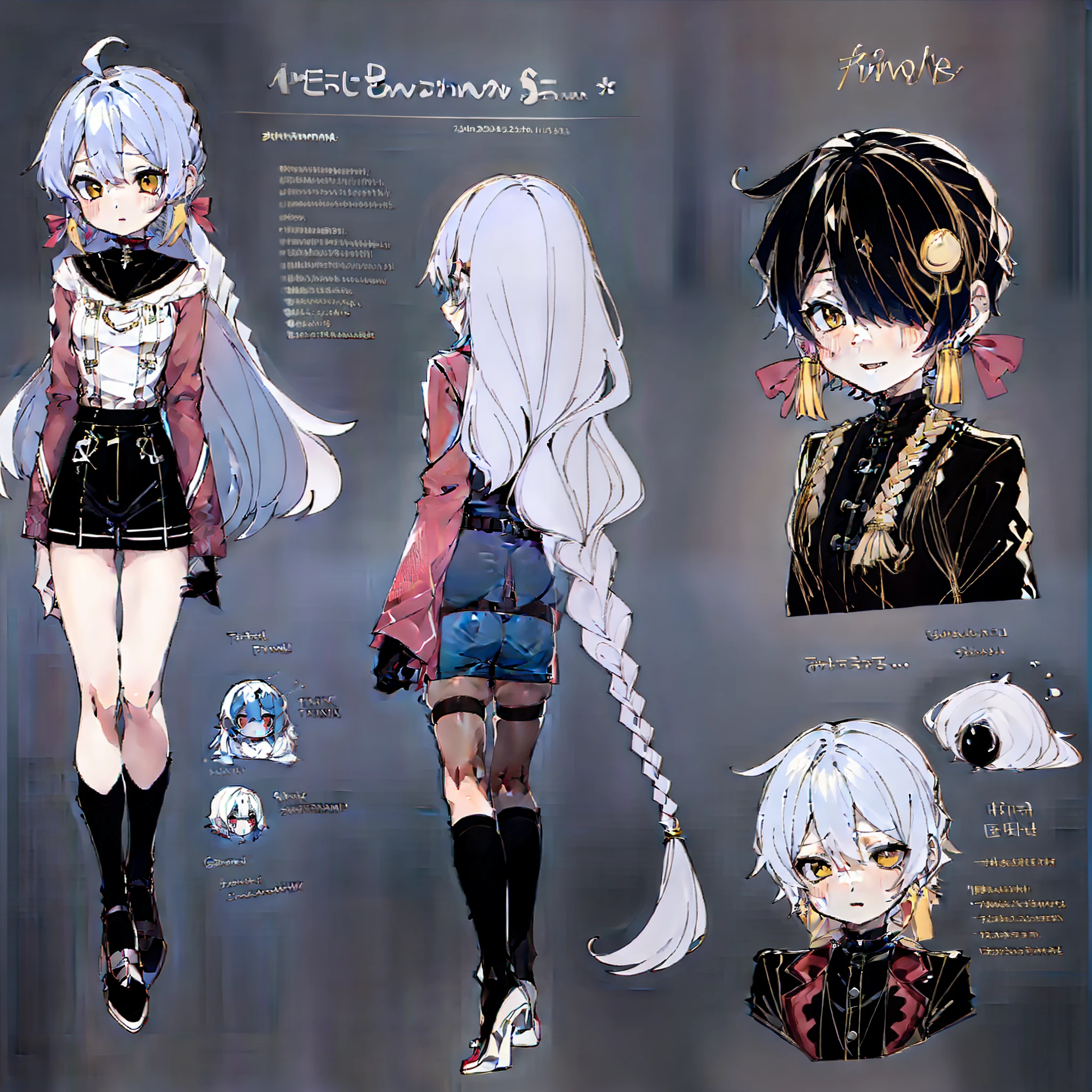 (character design sheet, (((same character))), front, side, back), 2d anime style, anime moe art style, 1 person, genderless, pink hair, long bangs, a slender twisted braid, golden eyes, glowing eyes, white tights, black hands with black claws, cute art style, anime style illustration, by Kamagurka, in pixiv, pixiv style, pixiv, in anime style, Anime art style, full body commission