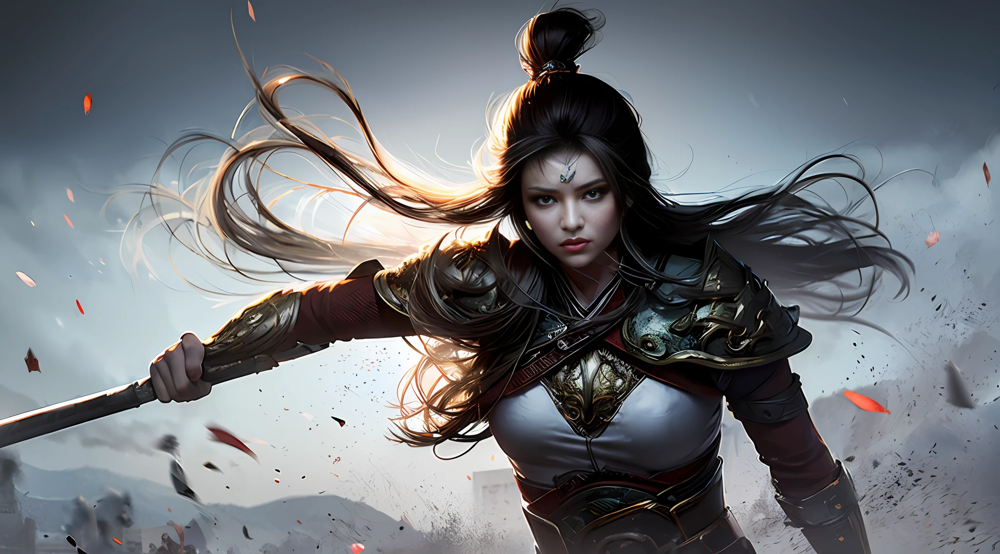 1 woman, delicate face, gray pupils, scratched face, ancient Chinese battlefield, hand with iron tooth hammer to beat action, anger, wind, gunsmoke, motion blur, half, looking at the audience, masterpiece, best quality, 32k
