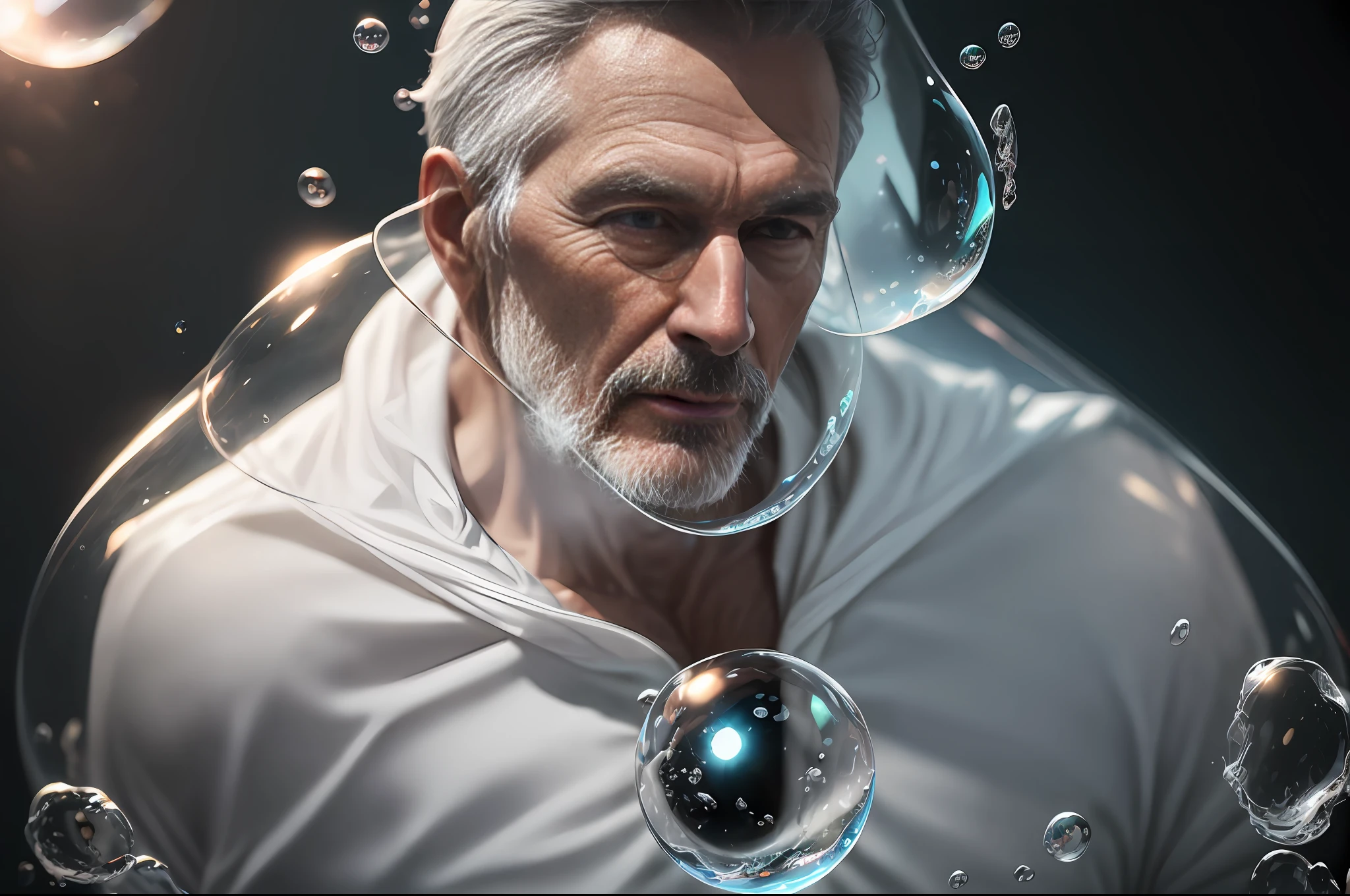 realistic photography of mature man in a white opaque bubble suit, low lighting, intricate details, 8k, hyper-realistic --auto --s2