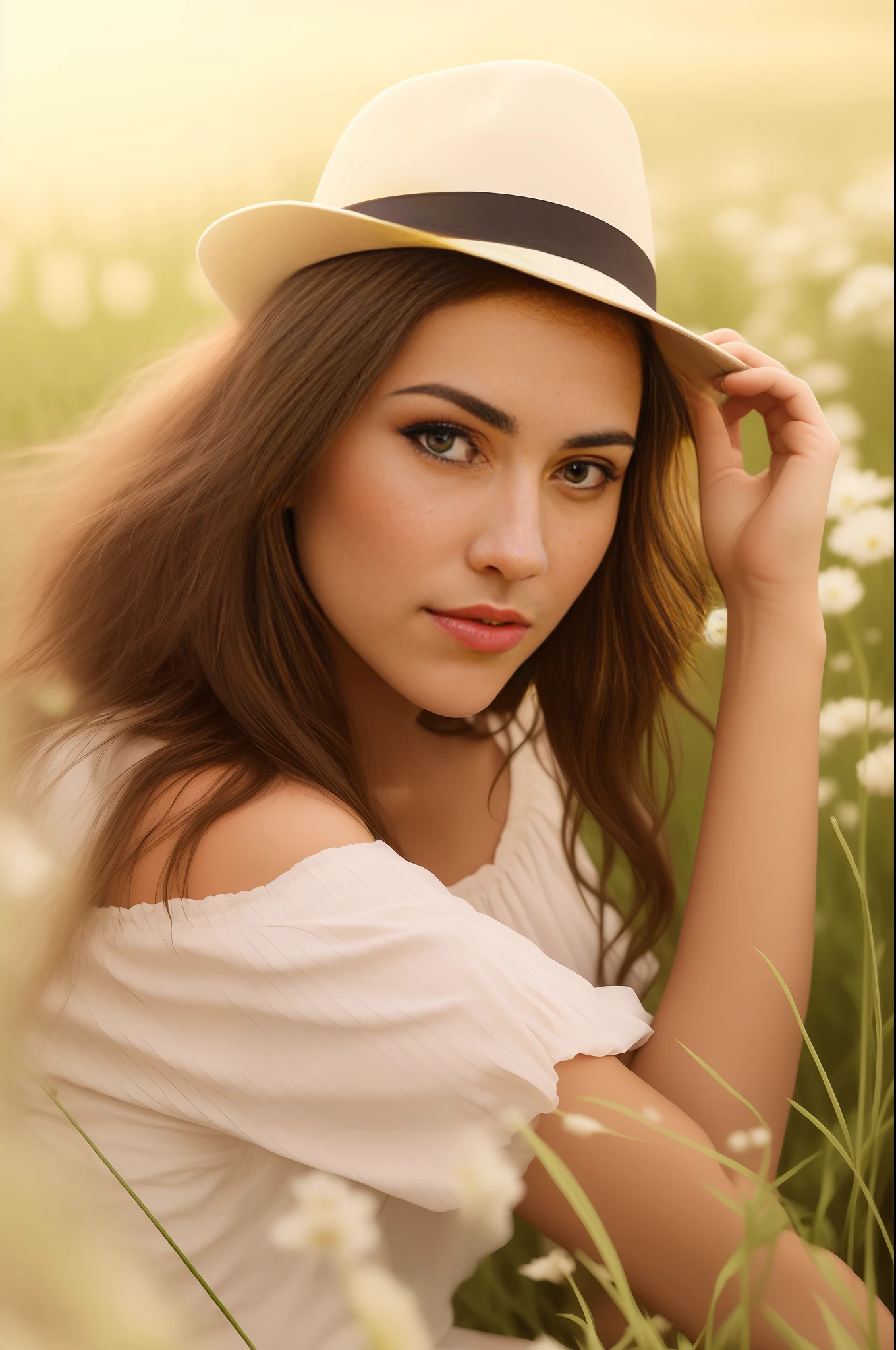 there is a woman in a hat sitting in a field, close up portrait photo, portrait image, portrait of a 40 years old women, woman with hat, 60mm portrait, portrait soft light, photography portrait, in a field, medium portrait soft light, 50 mm lens photo portrait, photo of a beautiful woman, 50mm portrait, beautiful portrait photo --auto