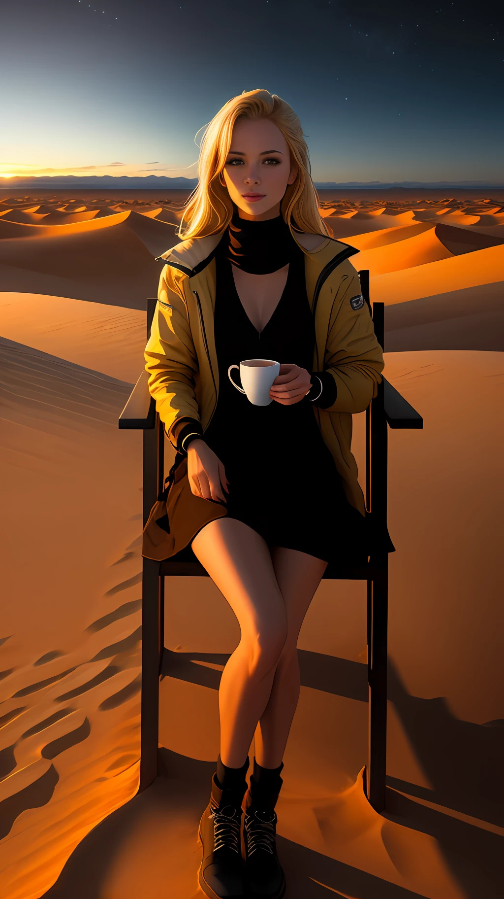 A blonde-haired woman relaxing with a cup of tea in the desert dunes, while the headlights of a Hilux illuminate the dune landscape at night.