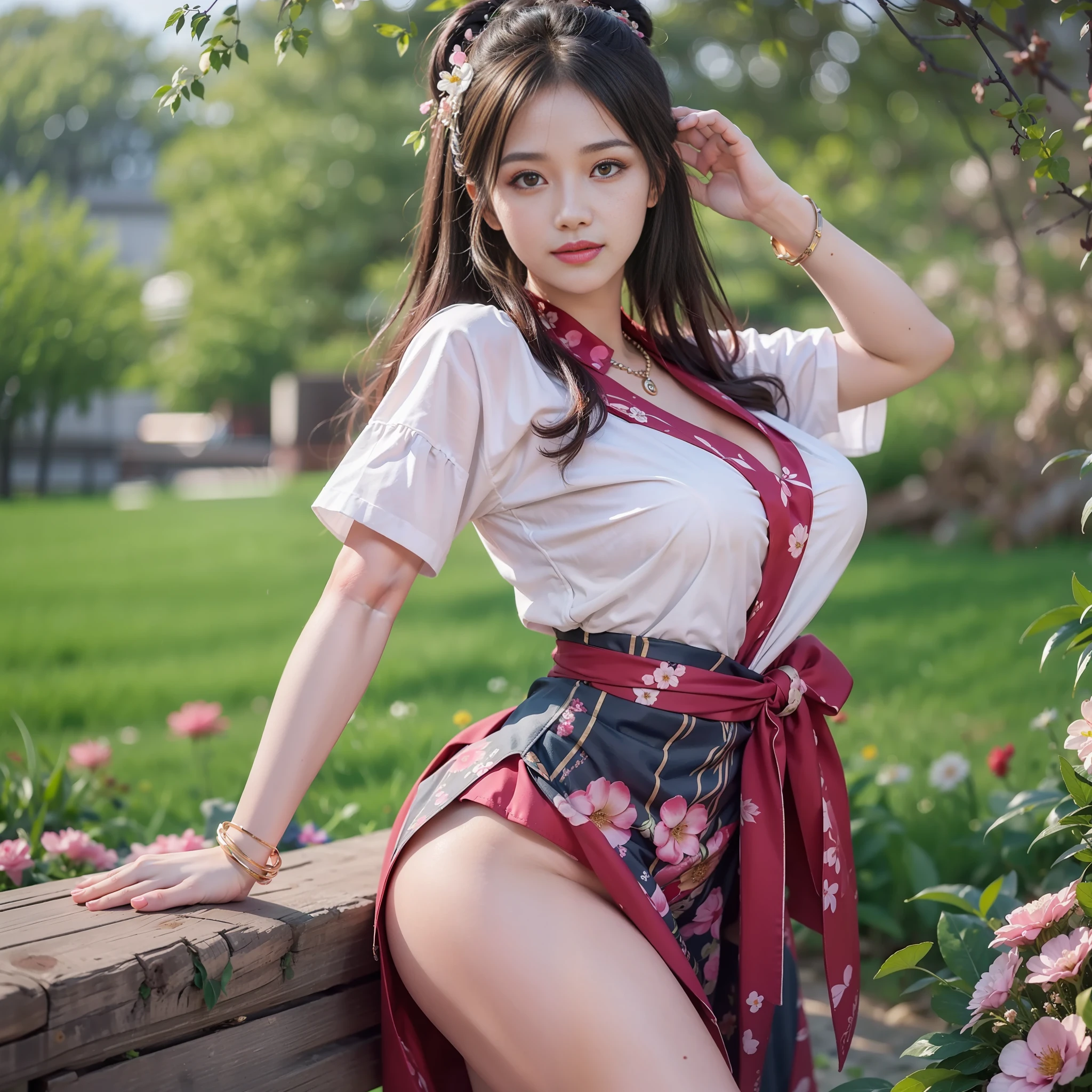 ????, 8K raw photo, best quality, masterpiece, super high resolution, film grain, film, 1girl, looking at the audience, natural skin texture, realistic eye and face details, full lips, lipstick, (makeup), long fluffy hair, messy hair, smile, shut up, beautiful legs, thin, solo, ????????????, ???? posing against you, miniskirt, ???, shirt, beautiful natural location, position of flowers around, (detailed background), ????????????, blurred background, blur, hold, short sleeves, brown hair, bracelet, water, bangs, parted lips, lips, from side, hanfu, depth of field,