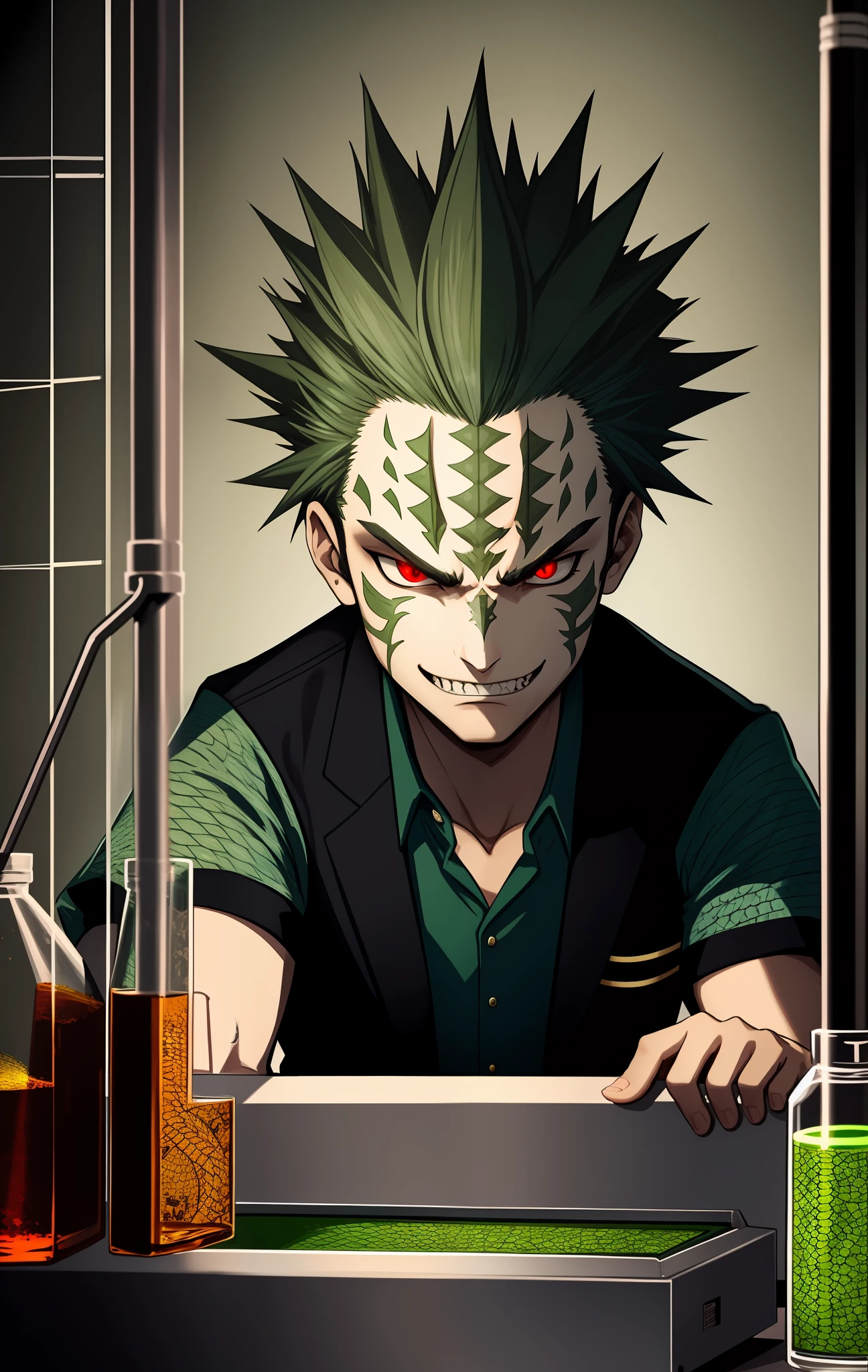 Newt-looking man, with scales on his face, in a laboratory, with upward spiky hair of green color, pointed teeth, red eyes, with a serious face, wearing lab coat, scales on his face, evil look