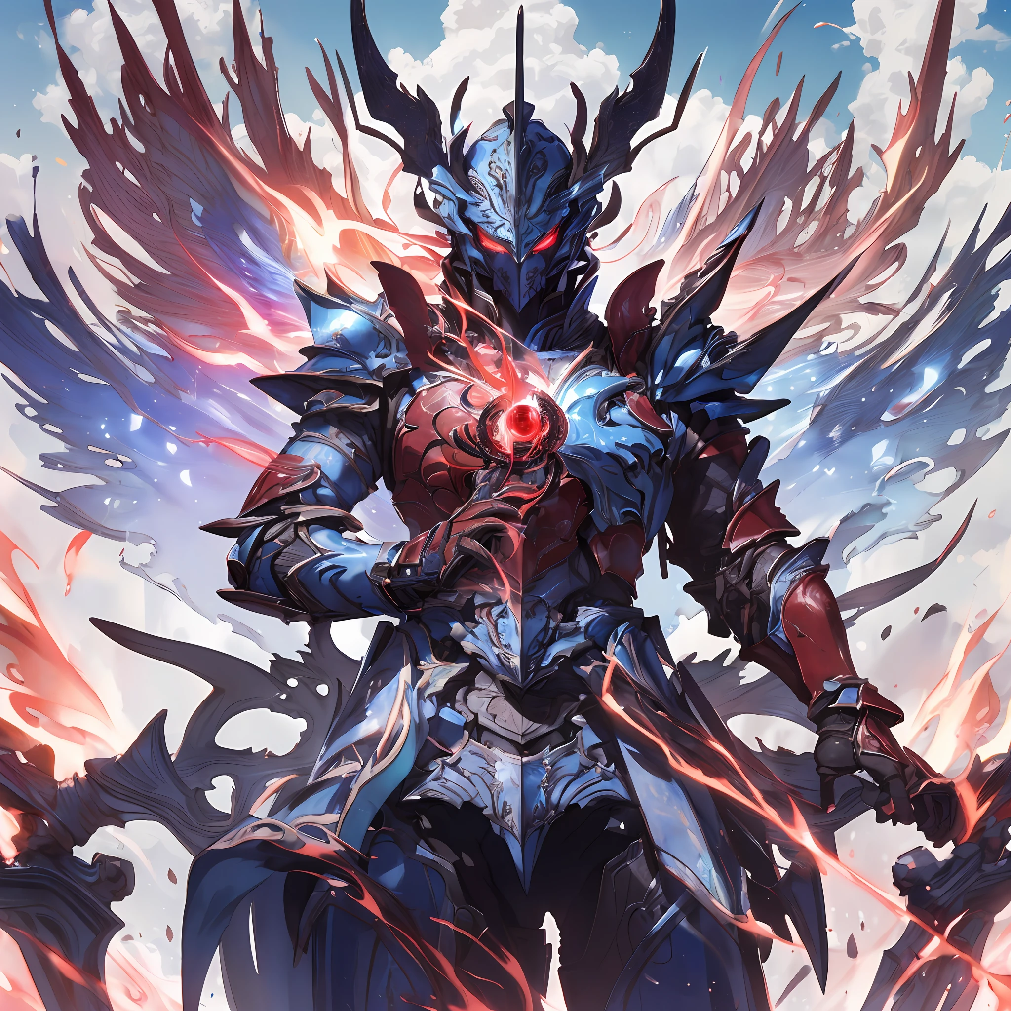 masterpiece, highly detailed CG unified 8K wallpapers, 8k uhd, dslr, high quality, clean, best illumination, ((a god in a blue and red armor, godly aura, magical, in the sky)), glowing eyes, cinematic, ultra-high resolution, ultra-high detailed, high-definition, shadowverse style