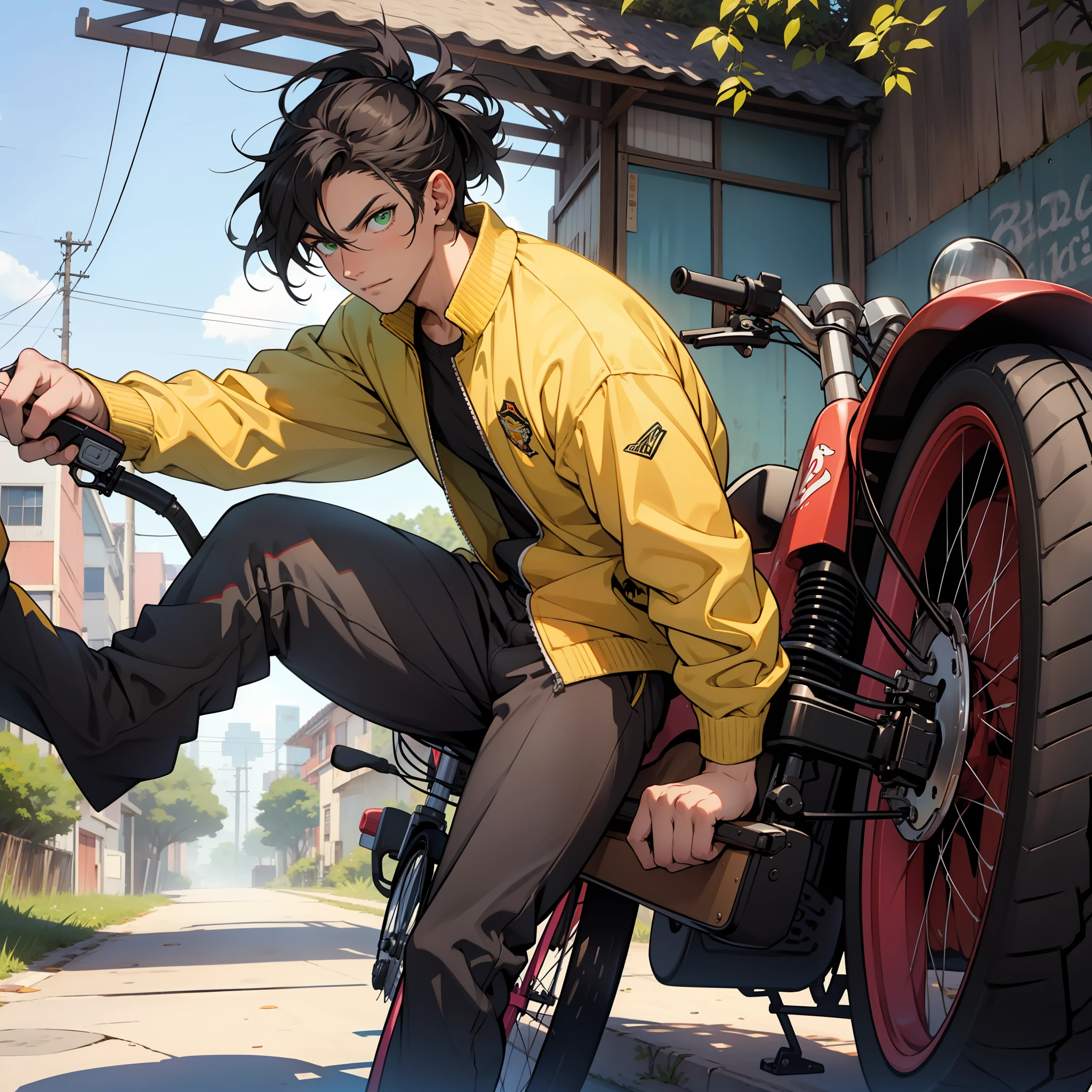 A cowboy, on a tricycle, yellow clothing, young, with a pink revolver, high quality, anime, 2d, green eyes, black hair, tall.