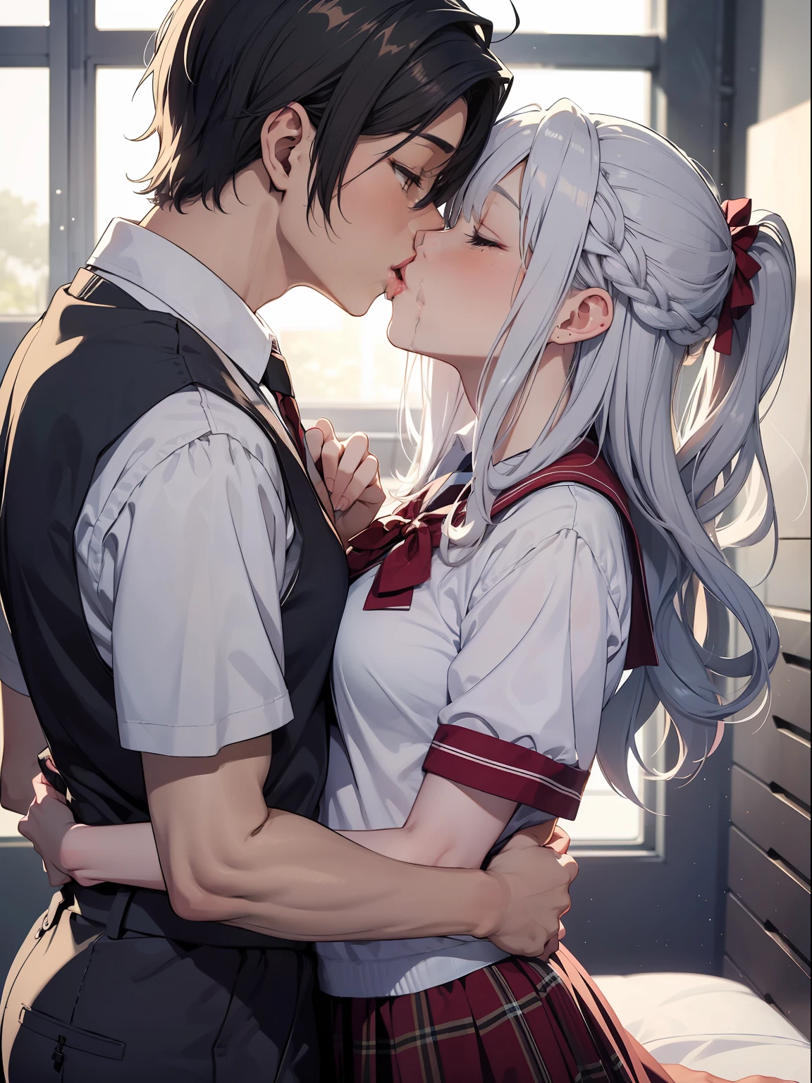 (single image:1.5), Anime couple in school uniform, anime style 4 K, anime wallpaper 4 K, anime wallpaper 8 K, 4K anime wallpaper, anime art wallpaper 4 K, anime art wallpaper 4K, 4K manga wallpaper, Gwaitz, Los Tran and Makoto Shinkai style artwork, female and female couples hugging each other, (kiss:1.5), (school uniform:1.2), Capture the moment of exchanging kisses. The scene is depicted in an anime-inspired style, meticulously drawn in every detail and presented in 16k high resolution. The lighting is fantastic, with the intersection of starlight and moonlight, softly illuminating the couple. The colors take advantage of the contrast between the vivid colors of the school uniform, gym locker, gym storeroom, For compositions, use a medium telephoto lens and make sure the couple is centered on the screen., shooting stars, detailed facial details