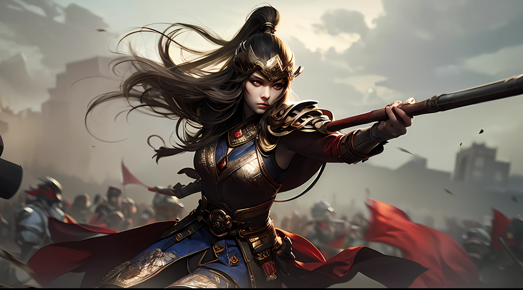 1 woman, delicate face, gray pupils, scratched face, ancient Chinese battlefield, hand with iron tooth hammer to beat action, anger, wind, gunsmoke, motion blur, half, looking at the audience, masterpiece, best quality, 32k