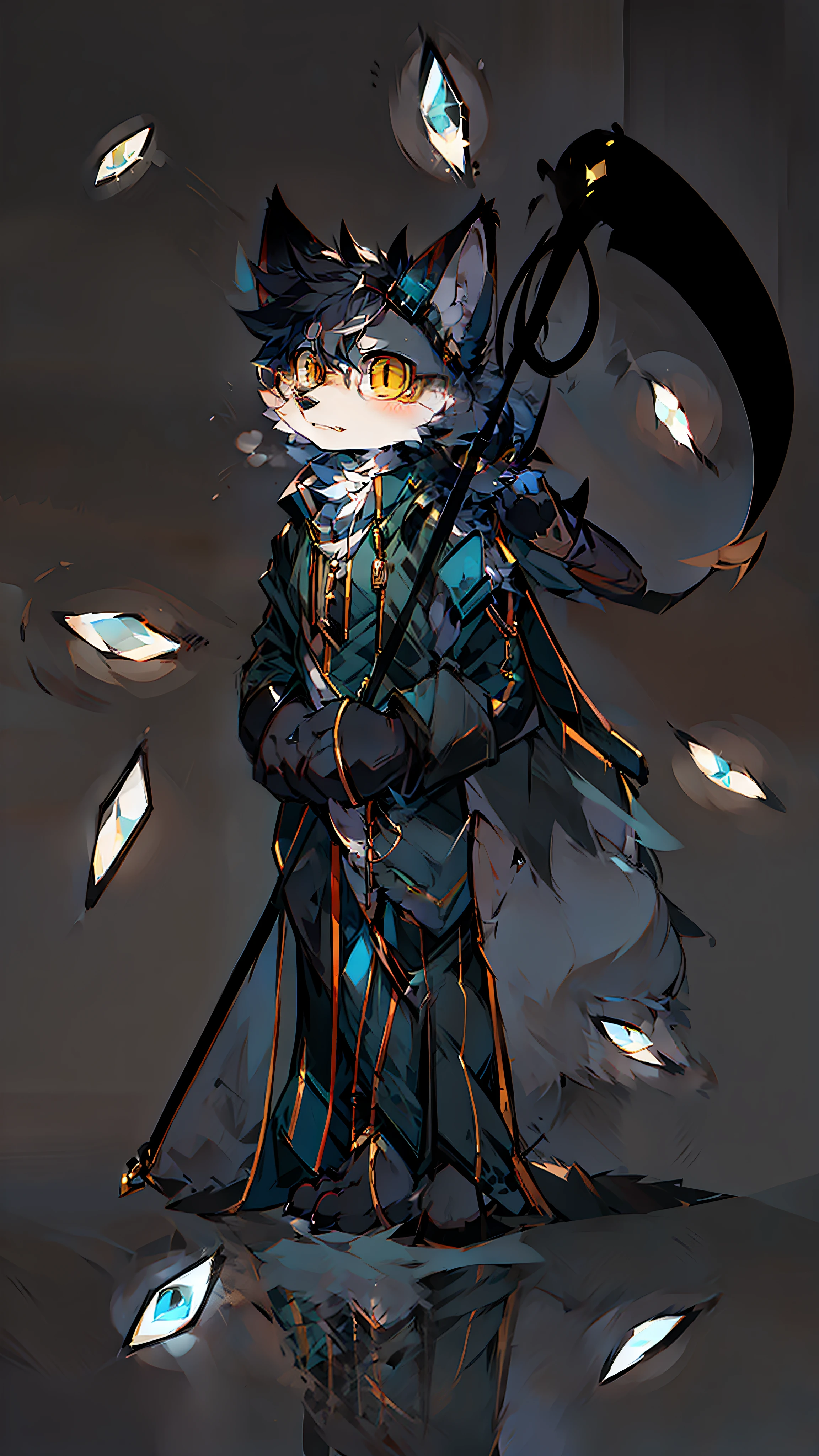 Single, furry male, furry, fox, arctic fox, canine, gray-black fur, golden eyes, glasses, alchemist