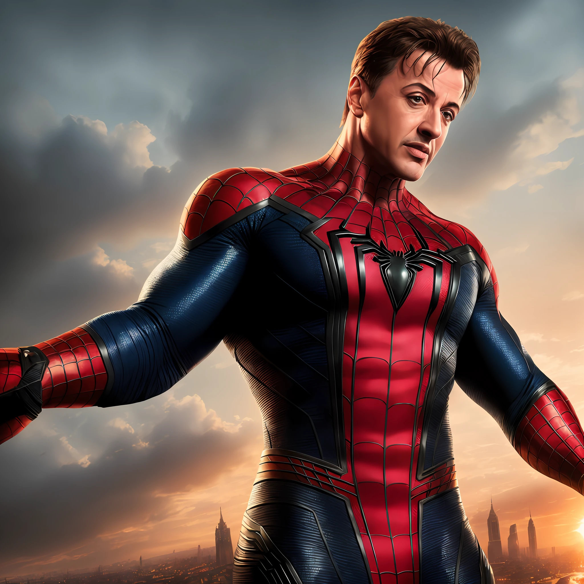 The Silvester Stallone) as Spiderman, chest, face (hazy background, realistic epic, rutkowski, hdr, intricate details, hyperdetailed, cinematic, rim light, soft colors: 1.2)