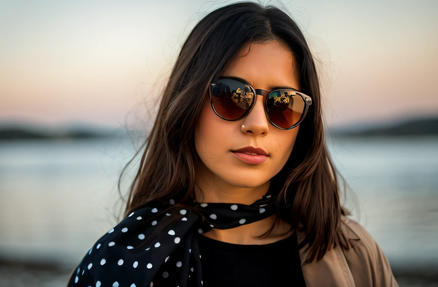 there is a woman wearing sunglasses and a polka dot scarf, sunglasses and a scarf, wearing cool sunglasses, shades, with sunglasses, dark shades, looking heckin cool and stylish, black sunglasses, wearing sunglasses, with sunglass, wearing shades, detailed portrait shot, sunglasses on, designer sunglasses, profile close-up view, thick dark glasses, looking from side