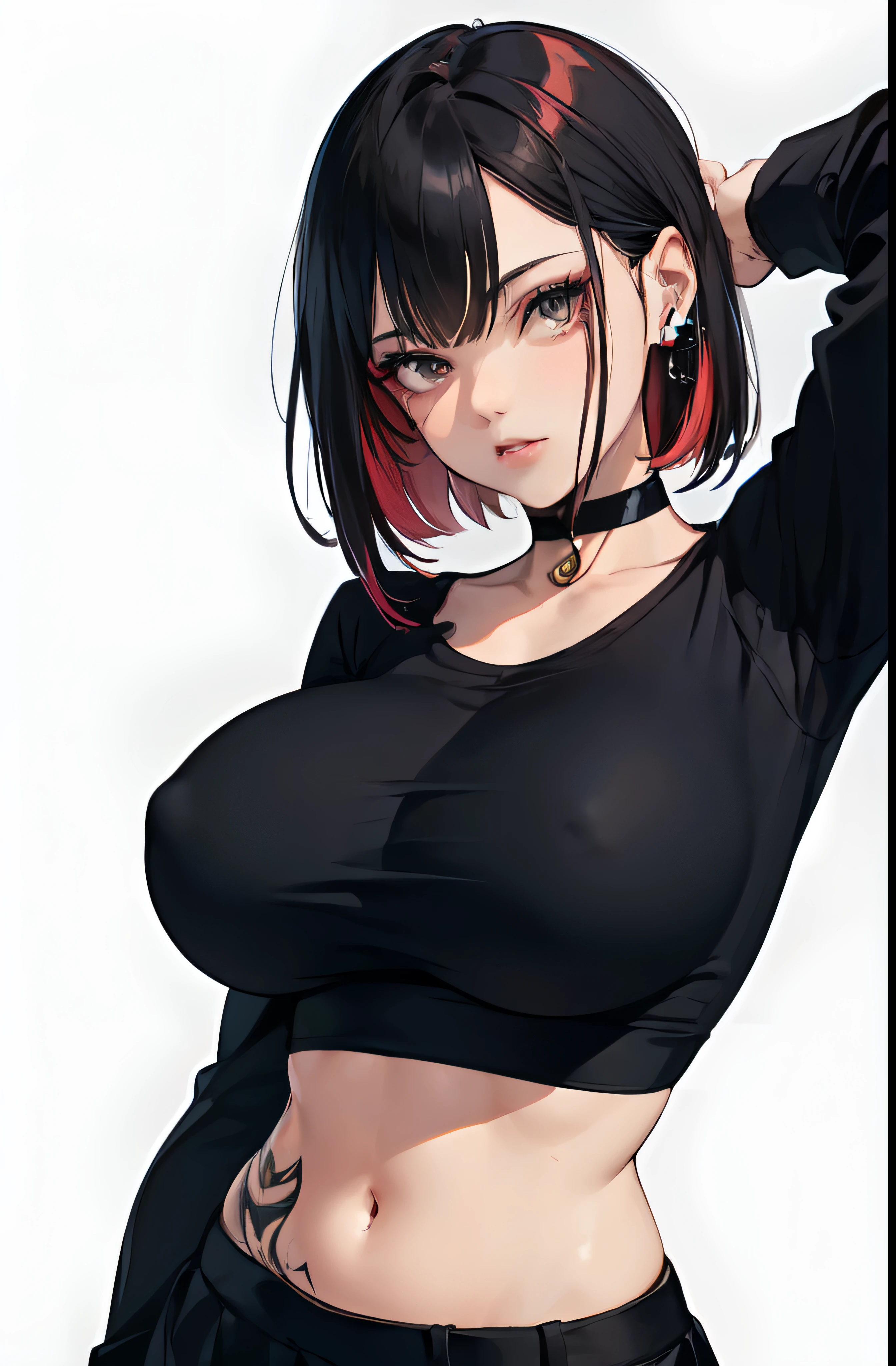 1girl, solo, best quality, expressive eyes, perfect face, bob-wig, huge breast, choker, multicolored_hair, brown eyes, adult woman, milf, (black hair:1.4, red hair ends), confident face, sfm, eyebrow piercing, ear piercing, navel, nagatiti, hanging breasts, full body shot, converse, fishnet tights, makeup, dark lipstick, a park, knife-pleat skirt, black nails, arms tattoo, white background, open waist, (perfect symmetrical body), ((black crop top ))
