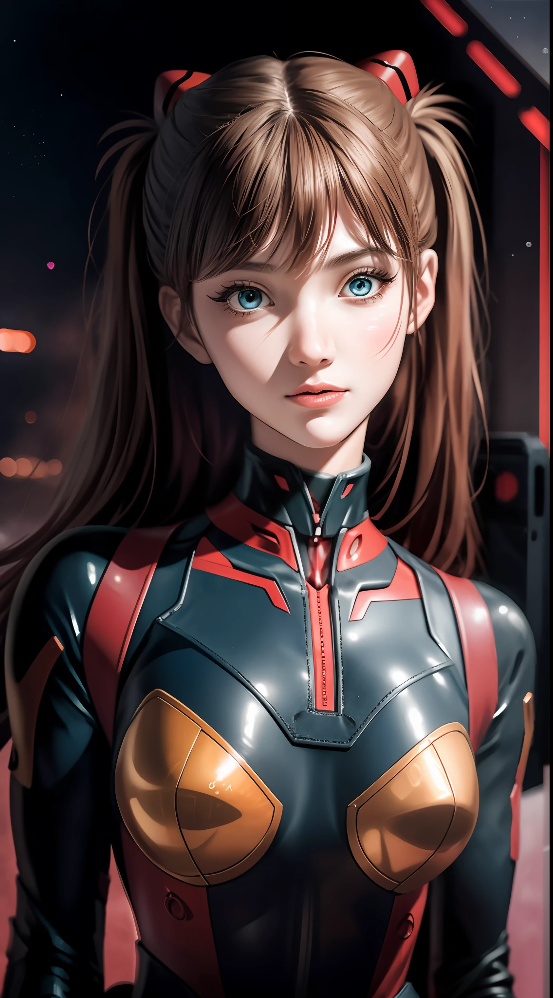 Shikiha Asuka Langre, ASUKA, Evangelion, EVA 02, wearing a red EVA pilot combat suit, high heels on her feet, tsundere girl, slender, juvenile, with almond-shaped sky blue eyes, long eyelashes, shiny lips, tsundere and playful expression, full body portrait, hair bobbles, longeyelashes, light smile, ear blush, fang, blonde hair, twintails, heart-shaped pupils, Surrealism, drop shadow, stereogram, tachi-e, pov, atmospheric perspective, Futurism, anime style, cinematic lighting, sparkle, ray tracing, drop shadow, speed lines, tachi-e, diffraction spikes, f/16, 8k, super detail, ccurate, best quality, retina, masterpiece, award winning, textured skin