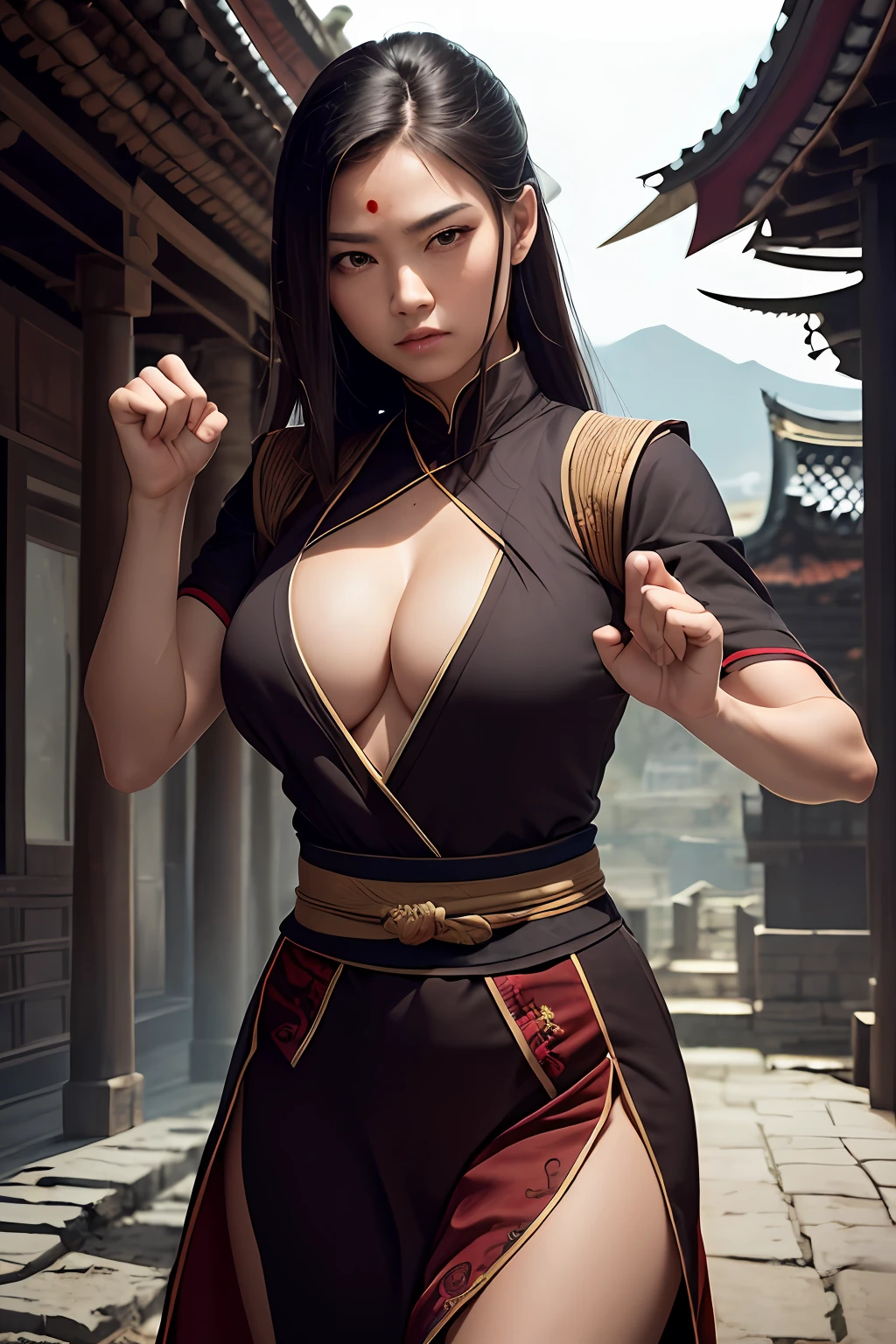 high quality fingers, normal hands, detailed fingers, masterpiece, (realistic, photo-realistic: 1.37), realistic, 1girl, long hair:1.5, black hair:1.2, red eyes:1.5, bright eyes, mortal kombat, ninja, blood, scar, weapons, kimono, dress, mortal kombat suit, large breasts, fighting pose, serene look, temple, meditation, injuries, ninja mask, cover half face, eyes to the sky