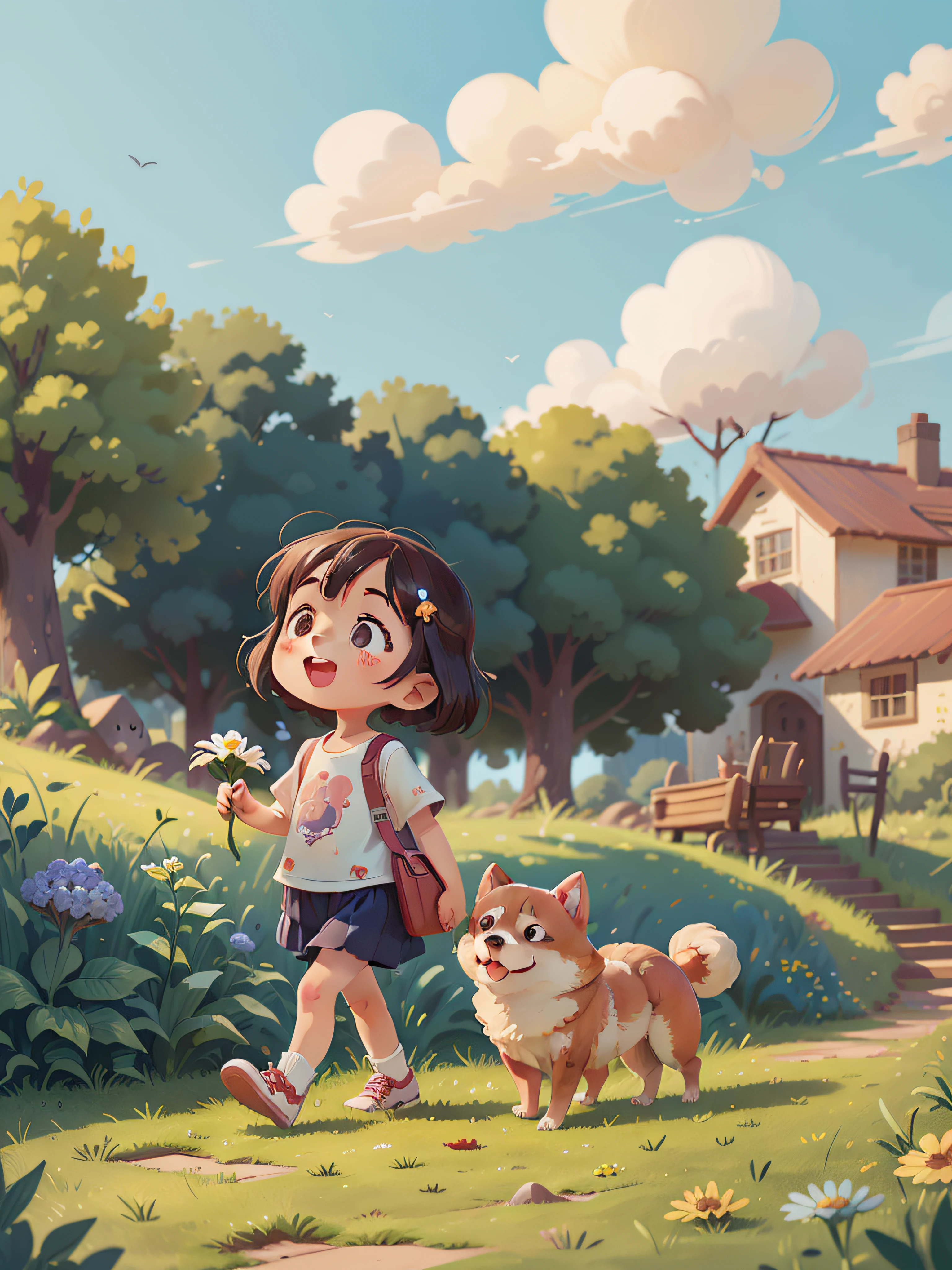 Best quality, masterpiece, a little girl holding a small flower, walking, hobbling dog, cute puppy, Shiba Inu, happy, blue sky and white clouds, perfect face, intricate details, background is grass, big sky, clear focus, ultra-low vision, wide angle lens