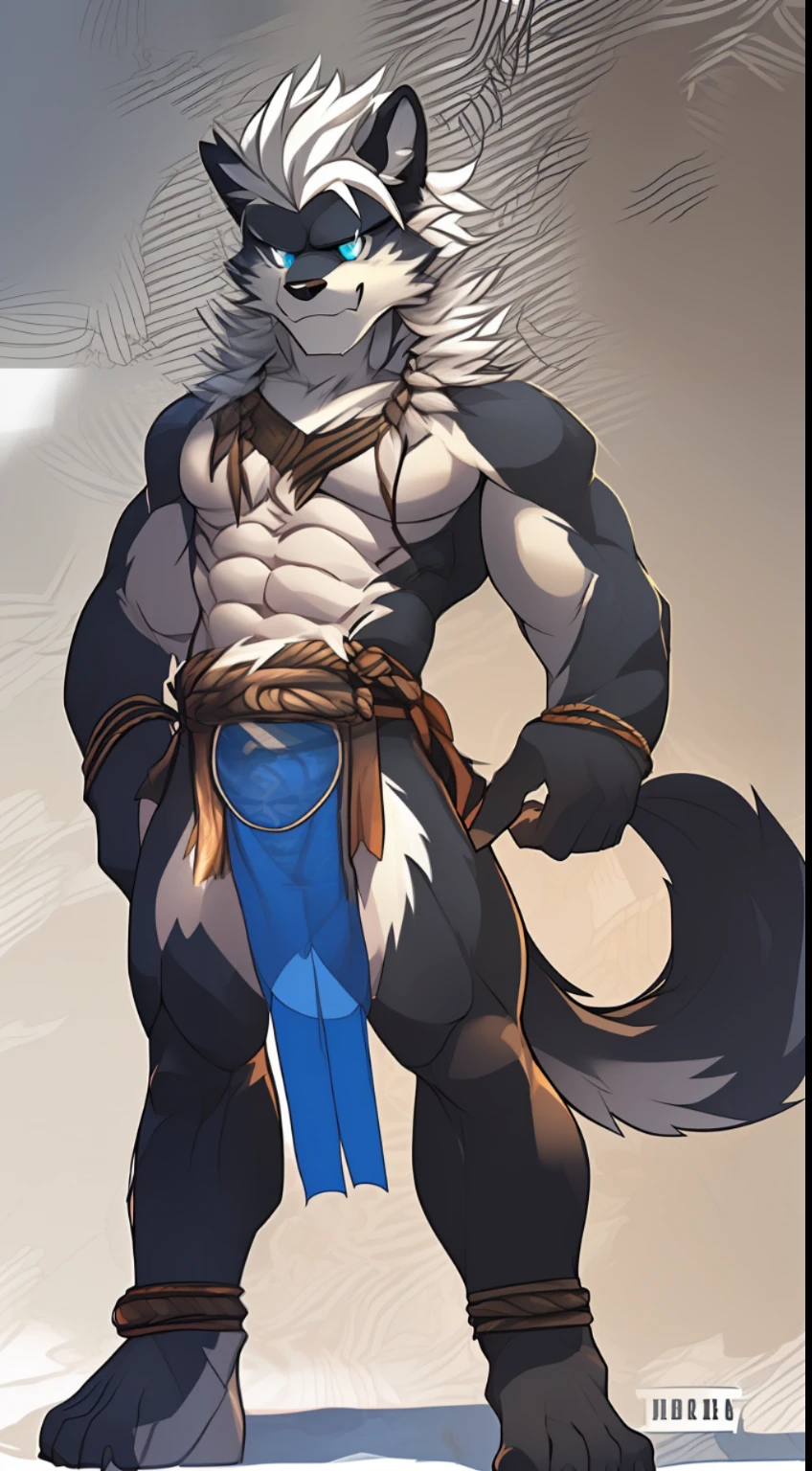 Wolfhound furry, fantasy world, skinny teenager, full body photo, revealing strong abs, dark background, clean design, epic Instagram, (((handsome Shota))), ((teenage:1.5)), (glowing blue eyes), ((eyes with light)), (short white hair: 1.1))), (((black)), (\\(indifferent expression\\), (translucent loincloth), erect lower body makes the loin bulge))), with white hair