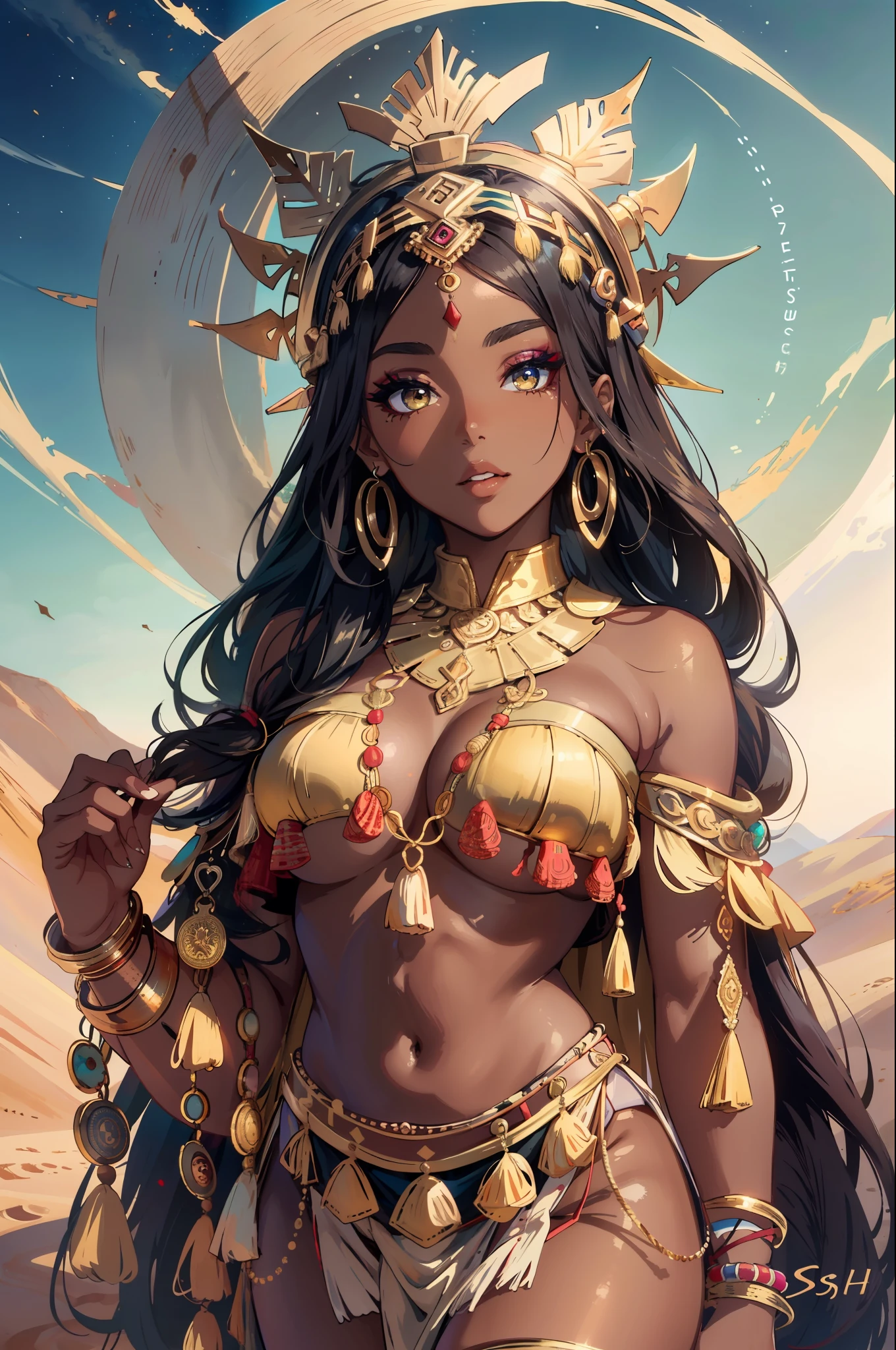 (masterpiece:1.2), (best quality:1.2), perfect eyes, perfect face, perfect lighting, photoshoot, 1girl, nubian female wearing SSAHC, SSAHC, dark-skinned, colorful tribal dress, headdress, thick eyelashes, makeup, eyeshadow, medium hair, oasis, desert detailed outdoor background